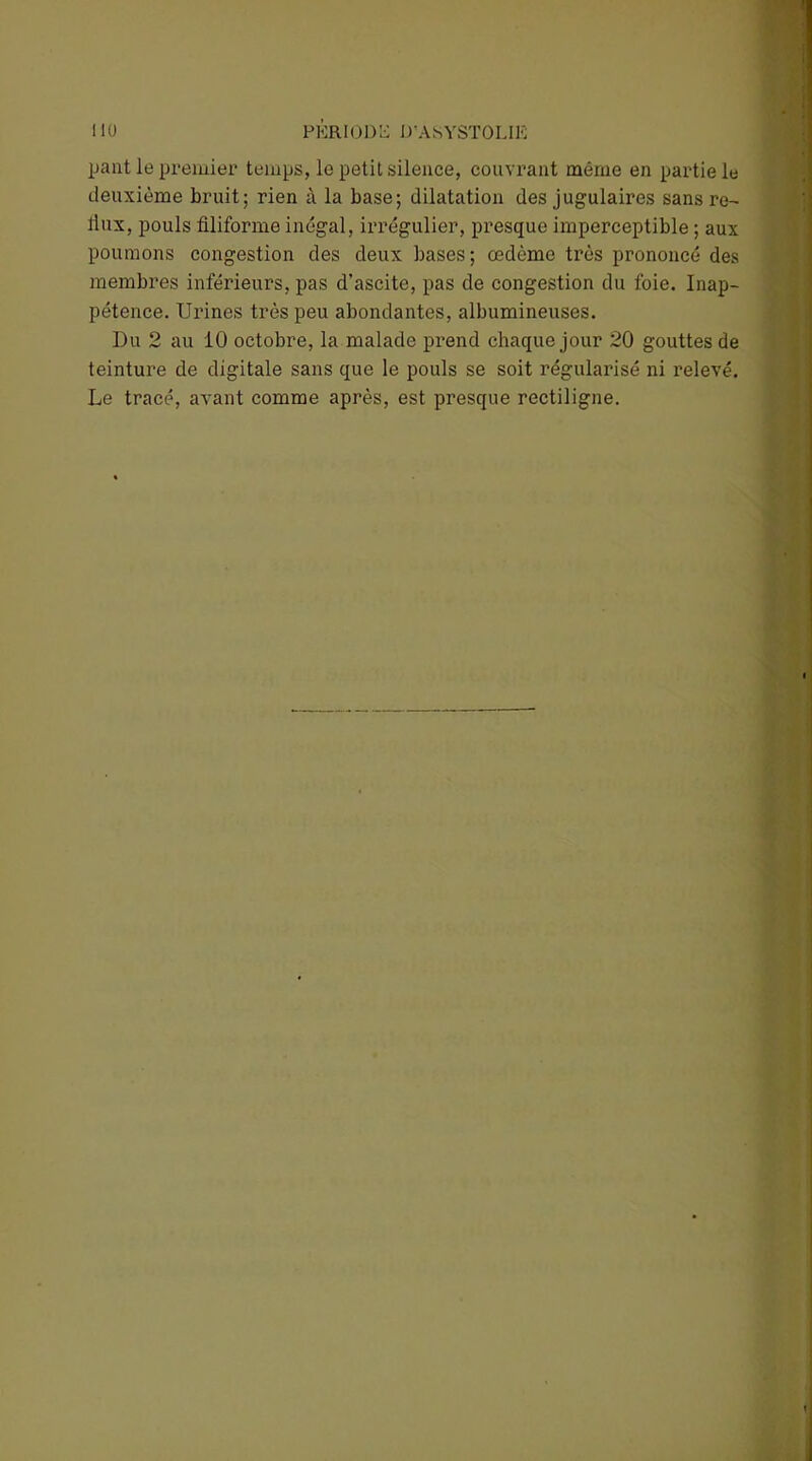 pant le premier temps, le petit silence, couvrant même en partie le deuxième bruit; rien à la base; dilatation des jugulaires sans re- flux, pouls filiforme inégal, irrégulier, presque imperceptible ; aux poumons congestion des deux bases; œdème très prononcé des membres inférieurs, pas d’ascite, pas de congestion du foie. Inap- pétence. Urines très peu abondantes, albumineuses. Du 2 au 10 octobre, la malade prend chaque jour 20 gouttes de teinture de digitale sans que le pouls se soit régularisé ni relevé. Le tracé, avant comme après, est presque rectiligne.