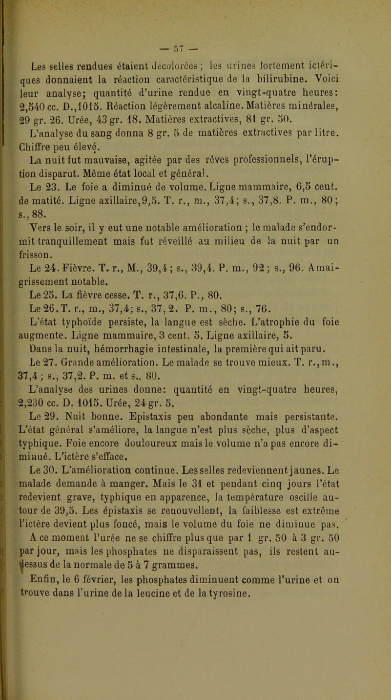 Les selles rendues étaient décolorées; les urines fortement icléri- ques donnaient la réaction caractéristique de la bilirubine. Voici leur analyse; quantité d’urine rendue en vingt-quatre heures: 2,540 cc. D.,1015. Réaction légèrement alcaline. Matières minérales, 29 gr. 26. Urée, 43 gr. 18. Matières extractives, 81 gr. 50. L’analyse du sang donna 8 gr. 5 de matières extractives par litre. Chiffre peu élevé. La nuit fut mauvaise, agitée par des rêves professionnels, l’érup- tion disparut. Même état local et général. Le 23. Le foie a diminué de volume. Ligne mammaire, 6,5 cent, de matité. Ligne axillaire,9,5. T. r., ni., 37,4; s., 37,8. P. m., 80; s., 88. Vers le soir, il y eut une notable amélioration ; le malade s’endor- mit tranquillement mais fut réveillé au milieu de la nuit par un frisson. Le 24. Fièvre. T. r., M., 39,4 ; s., 39,4. P. m., 92 ; s., 96. Amai- grissement notable. Le 25. La fièvre cesse. T. r., 37,6. P., 80. Le 26.T. r., m., 37,4; s., 37, 2. P. m., 80; s., 76. L’état typhoïde persiste, la langue est sèche. L’atrophie du foie augmente. Ligne mammaire, 3 cent. 5. Ligne axillaire, 5. Dans la nuit, hémorrhagie intestinale, la première qui ait paru. Le 27. Grande amélioration. Le malade se trouve mieux. T. r.,m., 37,4 ; s., 37,2. P. m. et s.. 80. L’analyse des urines donne: quantité en vingt-quatre heures, 2,230 cc. D. 1015. Urée, 24 gr. 5. Le 29. Nuit bonne. Epistaxis peu abondante mais persistante. L’état général s’améliore, la langue n’est plus sèche, plus d’aspect typhique. Foie encore douloureux mais le volume n’a pas encore di- minué. L’ictère s’efface. Le 30. L'amélioration continue. Lesselles redeviennent jaunes. Le malade demande à manger. Mais le 31 et pendant cinq jours l’état redevient grave, typhique en apparence, la température oscille au- tour de 39,5. Les épistaxis se reuouvelleDt, la faiblesse est extrême l’ictère devient plus foncé, mais le volume du foie ne diminue pas. À ce moment l’urée ne se chiffre plus que par 1 gr. 50 à 3 gr. 50 par jour, mais les phosphates ne disparaissent pas, ils restent au- dessus de la normale de 5 à 7 grammes. Enfin, le 6 février, les phosphates diminuent comme l’urine et on trouve dans l’urine de la leucine et de la tyrosine.