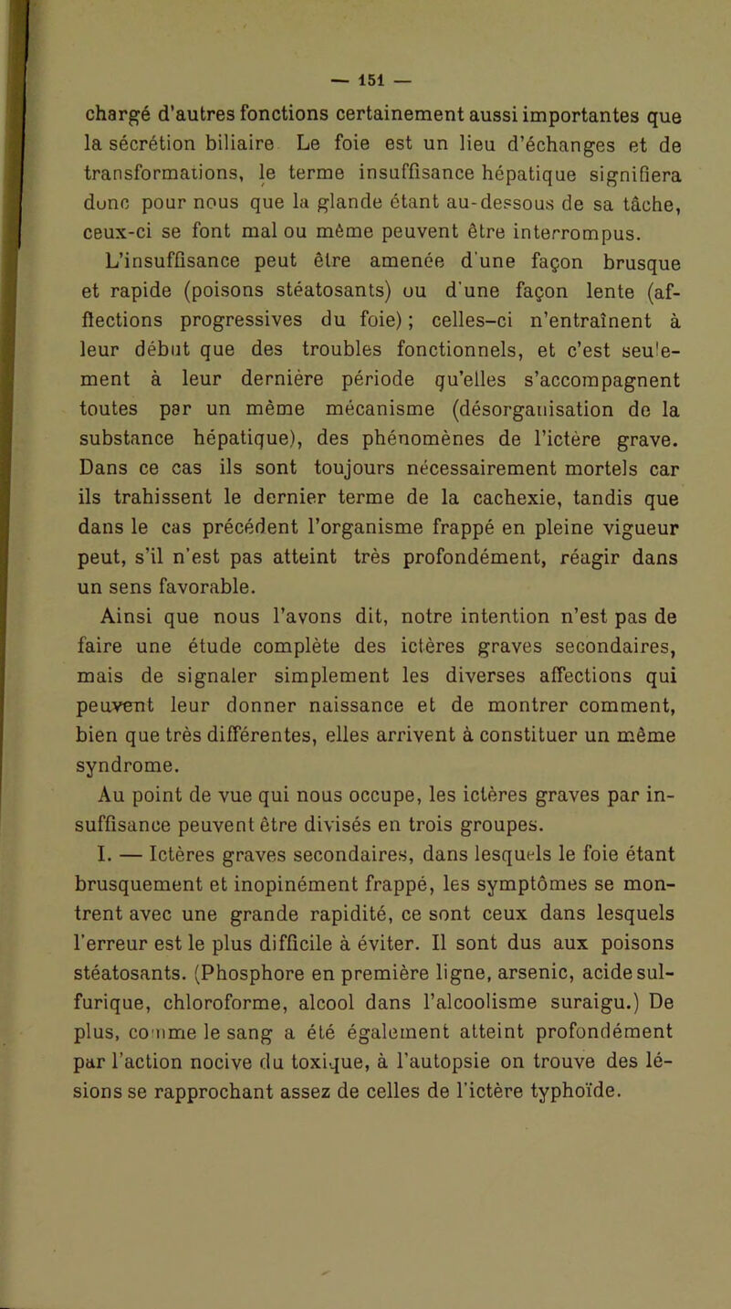 chargé d’autres fonctions certainement aussi importantes que la sécrétion biliaire Le foie est un lieu d’échanges et de transformations, le terme insuffisance hépatique signifiera dune pour nous que la glande étant au-dessous de sa tâche, ceux-ci se font mal ou même peuvent être interrompus. L’insuffisance peut être amenée d'une façon brusque et rapide (poisons stéatosants) ou d'une façon lente (af- flections progressives du foie) ; celles-ci n’entraînent à leur début que des troubles fonctionnels, et c’est seu'e- ment à leur dernière période qu’elles s’accompagnent toutes par un même mécanisme (désorganisation de la substance hépatique), des phénomènes de l’ictère grave. Dans ce cas ils sont toujours nécessairement mortels car ils trahissent le dernier terme de la cachexie, tandis que dans le cas précédent l’organisme frappé en pleine vigueur peut, s’il n’est pas atteint très profondément, réagir dans un sens favorable. Ainsi que nous l’avons dit, notre intention n’est pas de faire une étude complète des ictères graves secondaires, mais de signaler simplement les diverses affections qui peuvent leur donner naissance et de montrer comment, bien que très différentes, elles arrivent à constituer un même syndrome. Au point de vue qui nous occupe, les ictères graves par in- suffisance peuvent être divisés en trois groupes. I. — Ictères graves secondaires, dans lesquels le foie étant brusquement et inopinément frappé, les symptômes se mon- trent avec une grande rapidité, ce sont ceux dans lesquels l’erreur est le plus difficile à éviter. Il sont dus aux poisons stéatosants. (Phosphore en première ligne, arsenic, acide sul- furique, chloroforme, alcool dans l’alcoolisme suraigu.) De plus, co uine le sang a été également atteint profondément par l’action nocive du toxique, à l’autopsie on trouve des lé- sions se rapprochant assez de celles de l’ictère typhoïde.