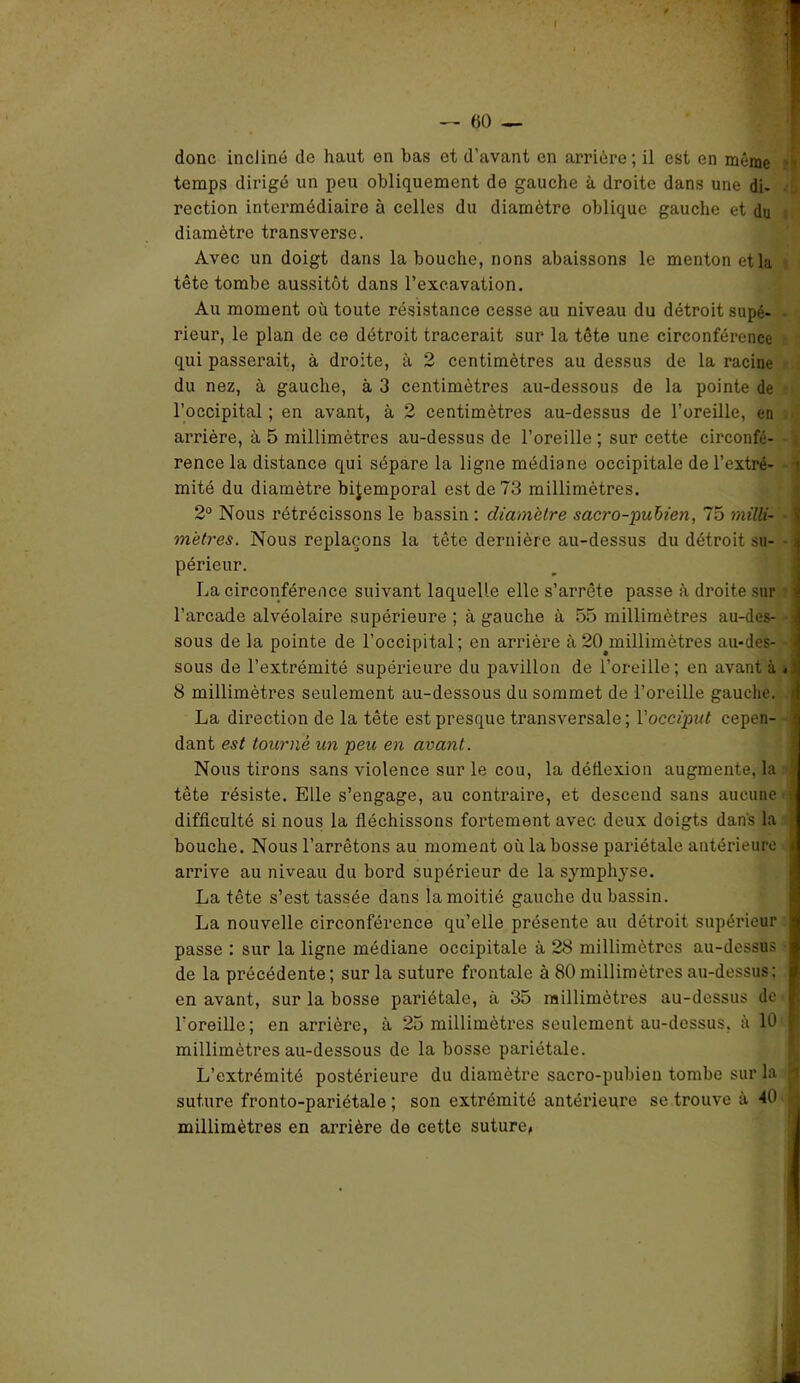 donc incliné do haut on bas et d’avant en arrière; il est en même ? temps dirigé un peu obliquement de gauche à droite dans une di- rection intermédiaire à celles du diamètre oblique gauche et du diamètre transverse. Avec un doigt dans la bouche, nons abaissons le menton et la tête tombe aussitôt dans l’excavation. Au moment où toute résistance cesse au niveau du détroit supé- rieur, le plan de ce détroit tracerait sur la tête une circonférence qui passerait, à droite, à 2 centimètres au dessus de la racine du nez, à gauche, à 3 centimètres au-dessous de la pointe de l’occipital ; en avant, à 2 centimètres au-dessus de l’oreille, en arrière, à 5 millimètres au-dessus de l’oreille ; sur cette circonfé- ; rence la distance qui sépare la ligne médiane occipitale de l’extré- mité du diamètre bitemporal est de 73 millimètres. 2° Nous rétrécissons le bassin : diamètre sacro-puhien, 75 milli- ij mètres. Nous replaçons la tête dernière au-dessus du détroit su- a périeur. La circonférence suivant laquelle elle s’arrête passe à droite sur l l’arcade alvéolaire supérieure ; à gauche à 55 millimètres au-des- : sous de la pointe de l’occipital; en arrière à 20>millimètres au-des- sous de l’extrémité supérieure du pavillon de l’oreille; en avant à . ij 8 millimètres seulement au-dessous du sommet de l’oreille gauche. La direction de la tête est presque transversale ; l'occiput cepen- ï dant est tourné un peu en avant. Nous tirons sans violence sur le cou, la défiexion augmente, la J tête résiste. Elle s’engage, au contraire, et descend sans aucune J difficulté si nous la fléchissons fortement avec, deux doigts dans la * bouche. Nous l’arrêtons au moment où la bosse pariétale antérieure j arrive au niveau du bord supérieur de la symphyse. La tête s’est tassée dans la moitié gauche du bassin. La nouvelle circonférence qu’elle présente au détroit supérieur i passe : sur la ligne médiane occipitale à 28 millimètres au-dessus I de la précédente ; sur la suture frontale à 80 millimètres au-dessus; I en avant, sur la bosse pariétale, à 35 millimètres au-dessus de I l'oreille; en arrière, à 25 millimètres seulement au-dessus, à 10 £ millimètres au-dessous de la bosse pariétale. L’extrémité postérieure du diamètre sacro-pubien tombe sur la g suture fronto-pariétale ; son extrémité antérieure se trouve à -40 millimètres en arrière de cette suture,