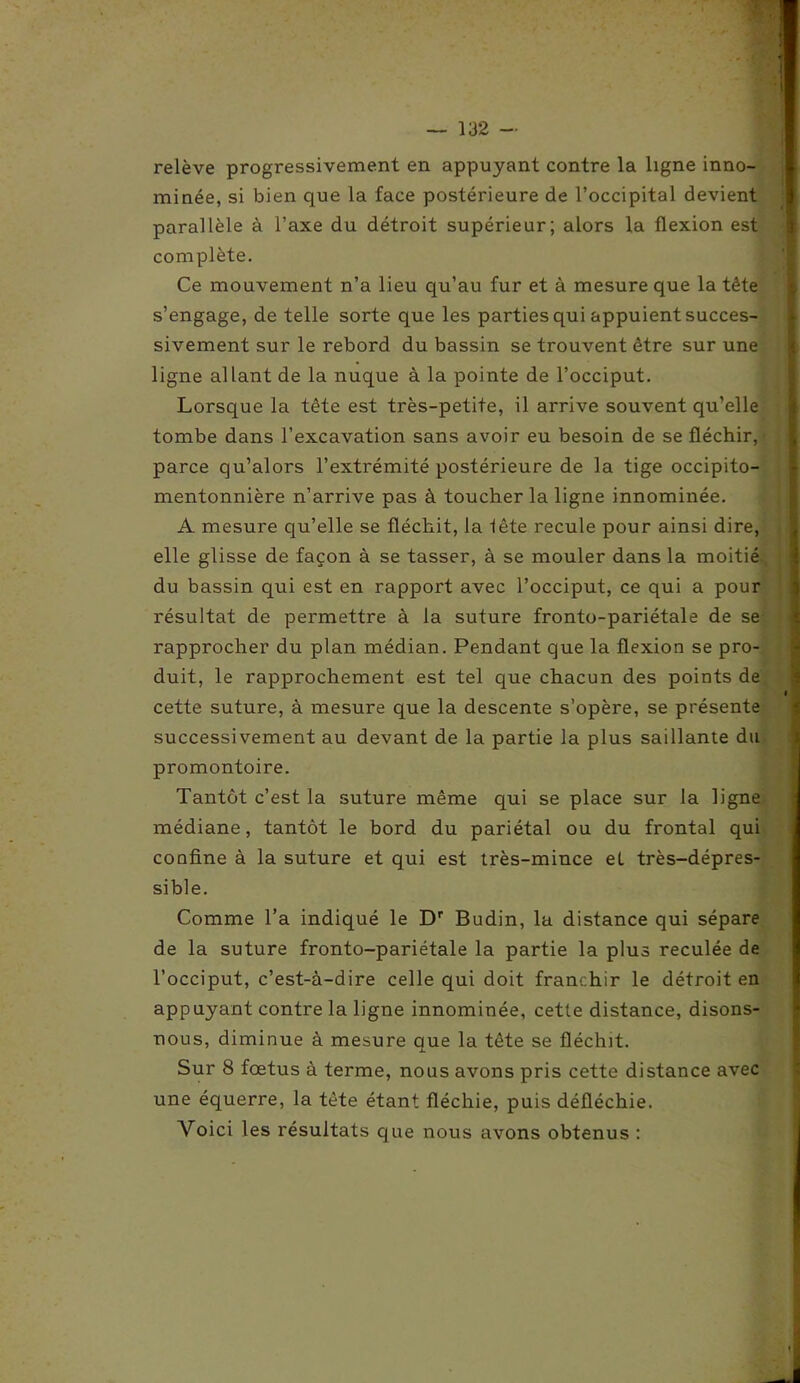 relève progressivement en appuyant contre la ligne inno- mmée, si bien que la face postérieure de l’occipital devient parallèle à l’axe du détroit supérieur; alors la flexion est complète. Ce mouvement n’a lieu qu’au fur et à mesure que la tête s’engage, de telle sorte que les parties qui appuient succes- sivement sur le rebord du bassin se trouvent être sur une ligne allant de la nuque à la pointe de l’occiput. Lorsque la tête est très-petite, il arrive souvent qu’elle tombe dans l’excavation sans avoir eu besoin de se fléchir,' parce qu’alors l’extrémité postérieure de la tige occipito- mentonnière n’arrive pas à toucher la ligne innominée. A mesure qu’elle se fléchit, la iête recule pour ainsi dire, elle glisse de façon à se tasser, à se mouler dans la moitié du bassin qui est en rapport avec l’occiput, ce qui a pour résultat de permettre à la suture fronto-pariétale de se rapprocher du plan médian. Pendant que la flexion se pro- duit, le rapprochement est tel que chacun des points de cette suture, à mesure que la descente s’opère, se présente successivement au devant de la partie la plus saillante du promontoire. Tantôt c’est la suture même qui se place sur la ligne médiane, tantôt le bord du pariétal ou du frontal qui confine à la suture et qui est très-mince et très-dépres- sible. Comme l’a indiqué le Dr Budin, la distance qui sépare de la suture fronto-pariétale la partie la plus reculée de l’occiput, c’est-à-dire celle qui doit franchir le détroit en appuyant contre la ligne innominée, cette distance, disons- nous, diminue à mesure que la tête se fléchit. Sur 8 foetus à terme, nous avons pris cette distance avec une équerre, la tète étant fléchie, puis défléchie. Voici les résultats que nous avons obtenus :