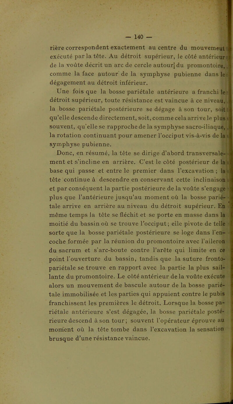 rière correspondent exactement au centre du mouvemeut J exécuté par la tête. Au détroit supérieur, le côté antérieur ; de la voûte décrit un arc de cercle autour] du promontoire, . i comme la face autour de la symphyse pubienne dans le. dégagement au détroit inférieur. Une fois que la bosse pariétale antérieure a franchi le détroit supérieur, toute résistance est vaincue à ce niveau, la bosse pariétale postérieure se dégage à son tour, soit qu’elle descende directement, soit, comme cela arrive le plus • souvent, qu’elle se rapproche de la symphyse sacro-iliaque, la rotation continuant pour amener l’occiput vis-à-vis de la symphyse pubienne. Donc, en résumé, la tête se dirige d’abord transversale- • ment et s’incline en arrière. C’est le côté postérieur de la base qui passe et entre le premier dans l’excavation ; la tête continue à descendre en conservant cette inclinaison et par conséquent la partie postérieure de la voûte s’engage j plus que l’antérieure jusqu’au moment où la bosse parié- i taie arrive en arrière au niveau du détroit supérieur. En même temps la tête se fléchit et se porte en masse dans la moitié du bassin où se trouve Focciput ; elle pivote de telle sorte que la bosse pariétale postérieure se loge dans l’en- coche formée par la réunion du promontoire avec l’aileron du sacrum et s’arc-boute contre l’arête qui limite en ce point l’ouverture du bassin, tandis que la suture fronto- pariétale se trouve en rapport avec la partie la plus sail- lante du promontoire. Le côté antérieur de la voûte exécute alors un mouvement de bascule autour de la bosse parié- tale immobilisée et les parties qui appuient contre le pubis franchissent les premières le détroit. Lorsque la bosse pa- riétale antérieure s’est dégagée, la bosse pariétale posté- rieure descend à son tour; souvent l’opérateur éprouve au moment où la tête tombe dans l’excavation la sensation brusque d’une résistance vaincue.