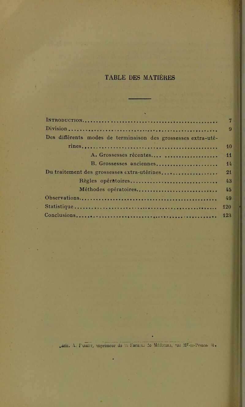TABLE DES MATIÈKES Introduction 7 Division 9 Des différents modes de terminaison des grossesses extra-uté- rines., 10 A. Grossesses récentes 11 B. Grossesses anciennes 14 Du traitement des grossesses extra-utérines 21 Règles opératoires . 43 Méthodes opératoires 45 Observations 49 Statistique 120 Conclusions 123 .«iris. A.. FuusiT, imprimeur Ja fi'anu