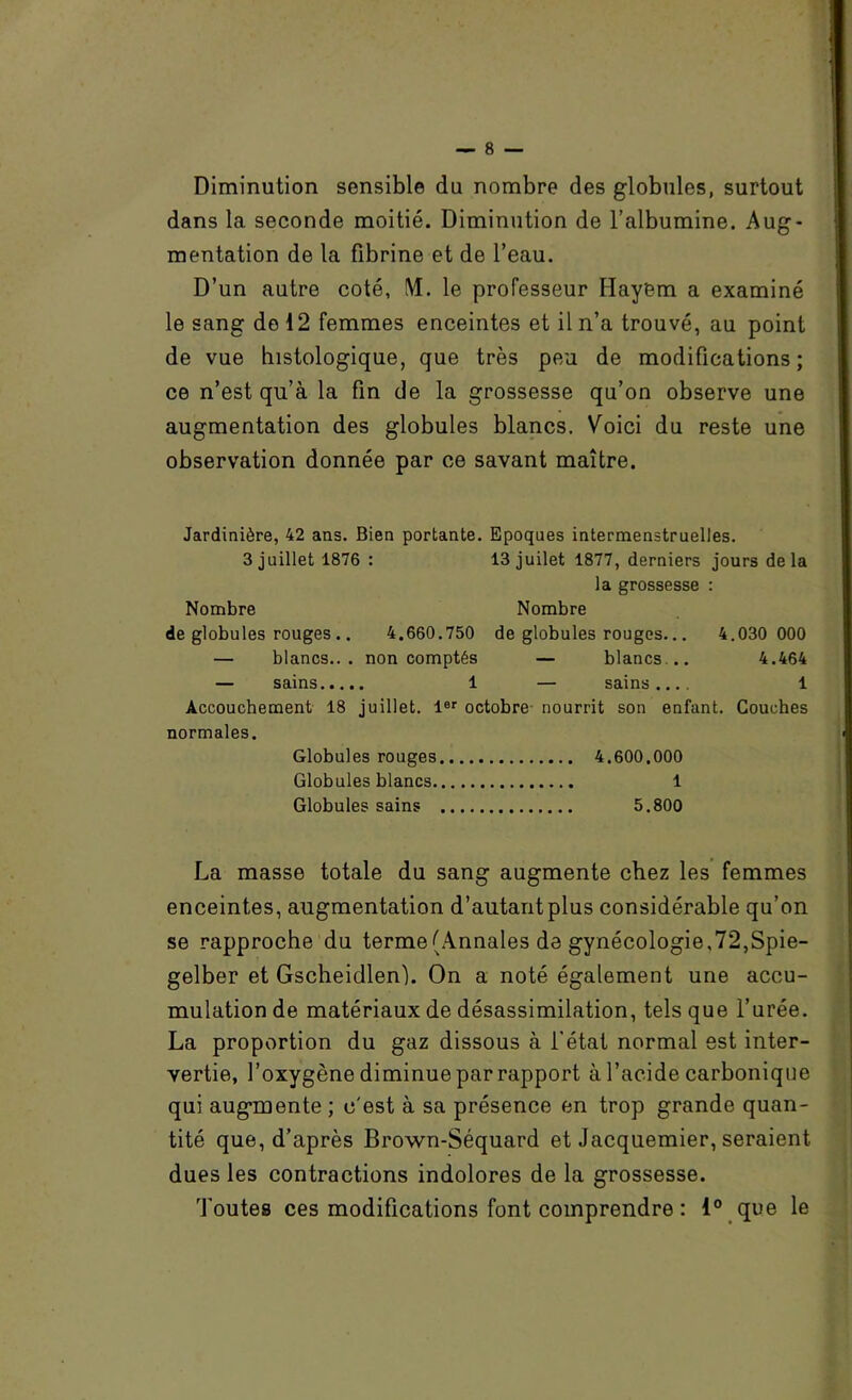 Diminution sensible du nombre des globules, surtout dans la seconde moitié. Diminution de l’albumine. Aug- mentation de la fibrine et de l’eau. D’un autre coté, M. le professeur Hayem a examiné le sang de 12 femmes enceintes et il n’a trouvé, au point de vue histologique, que très peu de modifications; ce n’est qu’à la fin de la grossesse qu’on observe une augmentation des globules blancs. Voici du reste une observation donnée par ce savant maître. Jardinière, 42 ans. Bien portante. Epoques intermenstruelles. 3 juillet 1876 : 13 juilet 1877, derniers jours delà la grossesse : Nombre Nombre de globules rouges.. 4.660.750 de globules rouges... 4.030 000 — blancs... non comptés — blancs... 4.464 — sains 1 — sains.... 1 Accouchement 18 juillet, l®' octobre- nourrit son enfant. Couches normales. Globules rouges 4.600.000 Globules blancs 1 Globules sains 5.800 La masse totale du sang augmente chez les’ femmes enceintes, augmentation d’autant plus considérable qu’on se rapproche du terme (Annales de gynécologie,72,Spie- gelber et Gscheidlen). On a noté également une accu- mulation de matériaux de désassimilation, tels que l’urée. La proportion du gaz dissous à l’état normal est inter- vertie, l’oxygène diminue par rapport à l’acide carbonique qui augmente ; c'est à sa présence en trop grande quan- tité que, d’après Brown-Séquard et Jacquemier, seraient dues les contractions indolores de la grossesse. ’J’outes ces modifications font comprendre : l® _que le