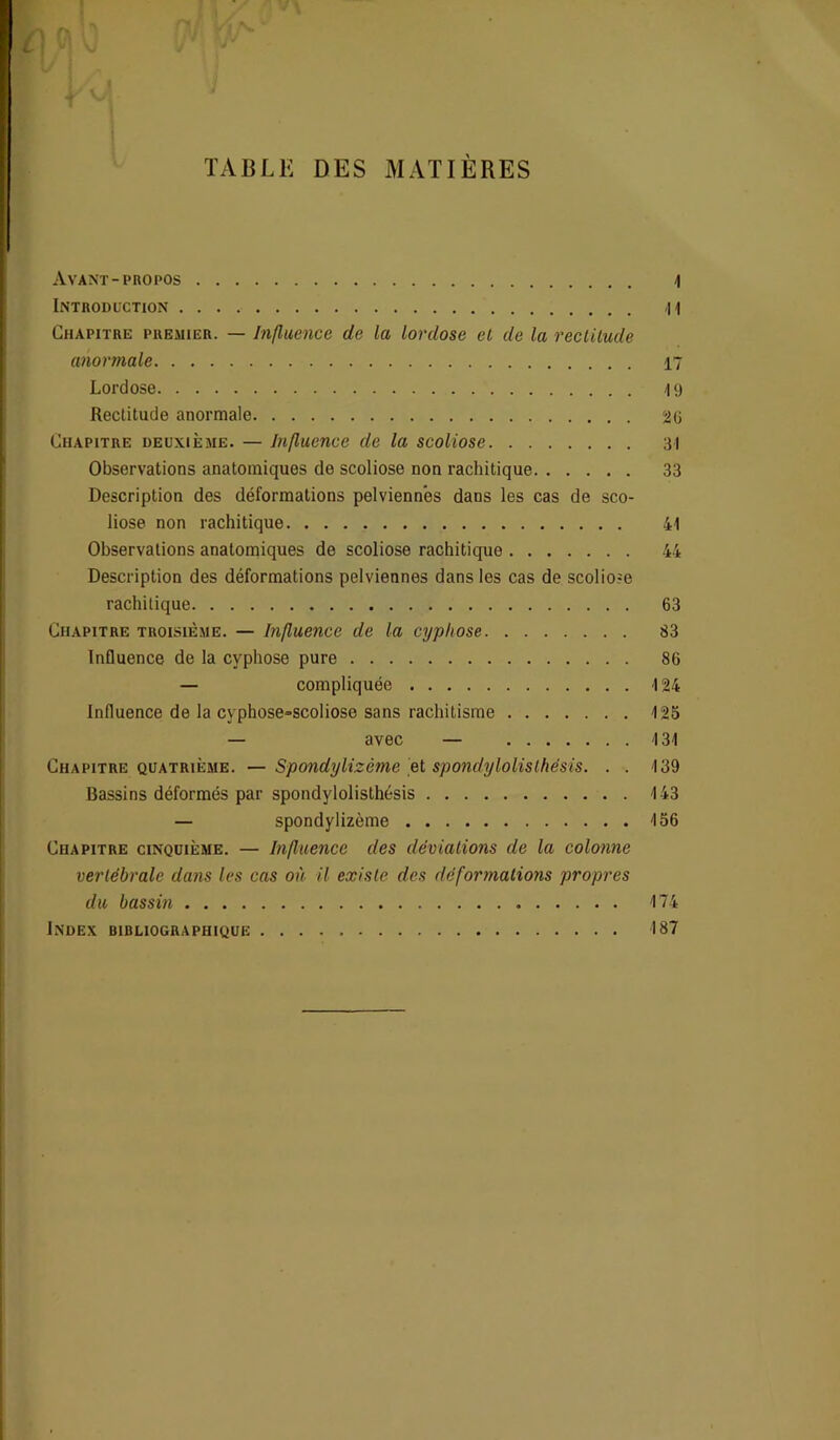 TABLE DES MATIÈRES Avant-propos I Introduction \\ Chapitre premier. — Influence de la lordose et de la rectitude anormale 17 Lordose \ 9 Rectitude anormale 2G Chapitre deuxième. — Influence de la scoliose 31 Observations anatomiques de scoliose non rachitique 33 Description des déformations pelviennes dans les cas de sco- liose non rachitique 41 Observations anatomiques de scoliose rachitique 44 Description des déformations pelviennes dans les cas de scoliose rachitique 63 Chapitre troisième. — Influence de la cyphose 83 Influence de la cyphose pure 86 — compliquée 124 Influence de la cvphose=scoliose sans rachitisme 125 — avec — 131 Chapitre quatrième. — Spondylizème et spondylolislhésis. . . 139 Bassins déformés par spondylolisthésis 143 — spondylizème 156 Chapitre cinquième. — Influence des déviations de la colonne vertébrale dans les cas où il existe des déformations propres du bassin 174 Index birliographique 187