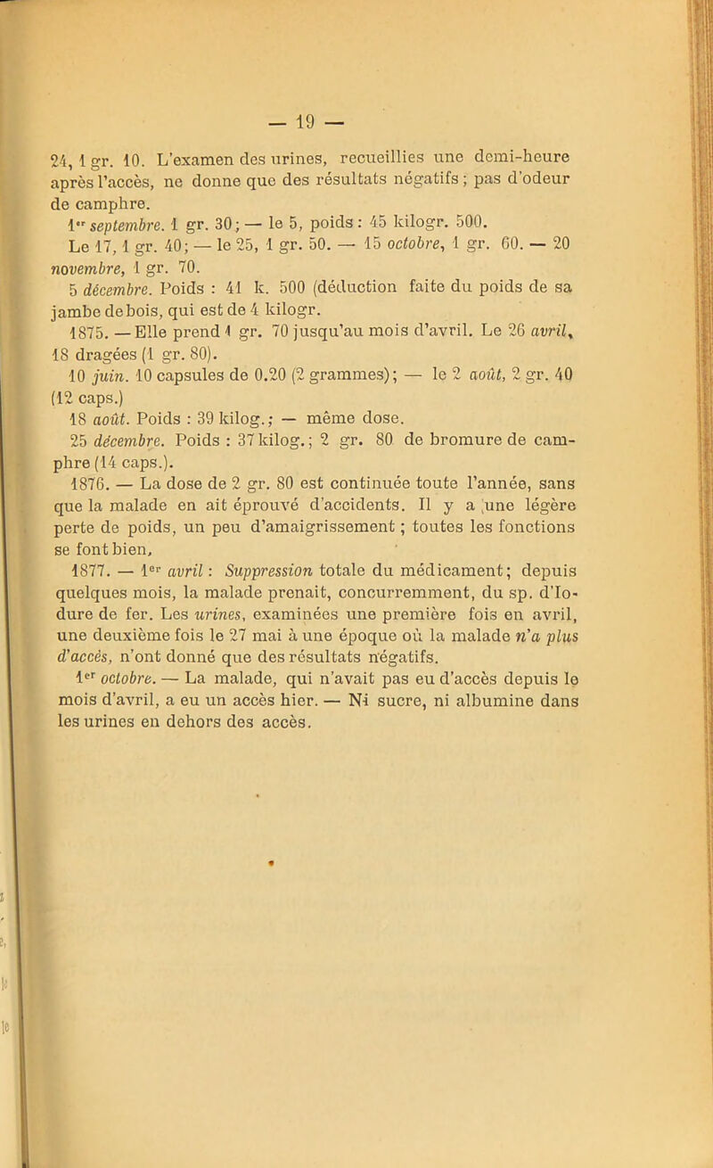 après l’accès, ne donne que des résultats négatifs; pas d’odeur de camphre. 1 septembre. 1 gr. 30; — le 5, poids : 45 lcilogr. 500. Le 17,1 gr. 40; — le 25, 1 gr. 50. — 15 octobre, 1 gr. 60. — 20 novembre, 1 gr. 70. 5 décembre. Poids : 41 k. 500 (déduction faite du poids de sa jambe de bois, qui est de 4 kilogr. 1875. —Elle prend 1 gr. 70 jusqu’au mois d’avril. Le 26 avril, 1S dragées (1 gr. 80). 10 juin. 10 capsules de 0.20 (2 grammes); — le 2 août, 2 gr. 40 (12 caps.) 18 août. Poids : 39 kilog.; — même dose. 25 décembre. Poids : 37 kilog. ; 2 gr. 80 de bromure de cam- phre (14 caps.). 1876. — La dose de 2 gr. 80 est continuée toute l’année, sans que la malade en ait éprouvé d’accidents. Il y a une légère perte de poids, un peu d’amaigrissement ; toutes les fonctions se font bien, 1877. — 1er avril : Suppression totale du médicament; depuis quelques mois, la malade prenait, concurremment, du sp. d’Io- dure de fer. Les urines, examinées une première fois en avril, une deuxième fois le 27 mai à une époque où la malade n’a plus d’accès, n’ont donné que des résultats négatifs. 1er octobre. — La malade, qui n’avait pas eu d’accès depuis le mois d’avril, a eu un accès hier. — Ni sucre, ni albumine dans les urines en dehors des accès.