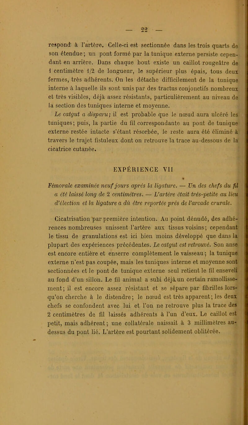 respond à l’artère. Celle-ci est sectionnée dans les trois quarts do son étendue ; un pont formé par la tunique externe persiste cepen- dant en arrière. Dans chaque bout existe un caillot rougeâtre de 1 centimètre 1/2 de longueur, le supérieur plus épais, tous deux fermes, très adhérents. On les détache difficilement de la tunique interne à laquelle ils sont unis par des tractus conjonctifs nombreux et très visibles, déjà assez résistants, particulièrement au niveau de la section des tuniques interne et moyenne. Le catgut a disparu; il est probable que le nœud aura ulcéré les tuniques; puis, la partie du fil correspondante au pont de tunique externe restée intacte s’étant résorbée, le reste aura été éliminé à travers le trajet fistuleux dont on retrouve la trace au-dessous de la cicatrice cutanée. EXPÉRIENCE VII » Fémorale examinée neuf jours après la ligature. — JJn des chefs du fil a été laissé long de 2 centimètres. — L’artère était très-petite au lieu d’élection et la ligature a dû être reportée près de l’arcade crurale. Cicatrisation par première intention. Au point dénudé, des adhé- rences nombreuses unissent l’artère aux tissus voisins ; cependant le tissu de granulations est ici bien moins développé que dans la plupart des expériences précédentes. Le catgut est retrouvé. Son anse est encore entière et enserre complètement le vaisseau ; la tunique externe n’est pas coupée, mais les tuniques interne et moyenne sont sectionnées et le pont de tunique externe seul retient le fil enseveli au fond d’un sillon. Le fil animal a subi déjà un certain ramolUsse- ment; il est encore assez résistant et se sépare par fibrilles lors- qu’on cherche à le distendre; le nœud est très apparent; les deux chefs se confondent avec lui et l’on ne retrouve plus la trace des 2 centimètres de fil laissés adhérents à l’un d’eux. Le caillot est petit, mais adhérent ; une collatérale naissait à 3 millimètres au- dessus du pont lié. L’artère est pourtant solidement oblitérée.