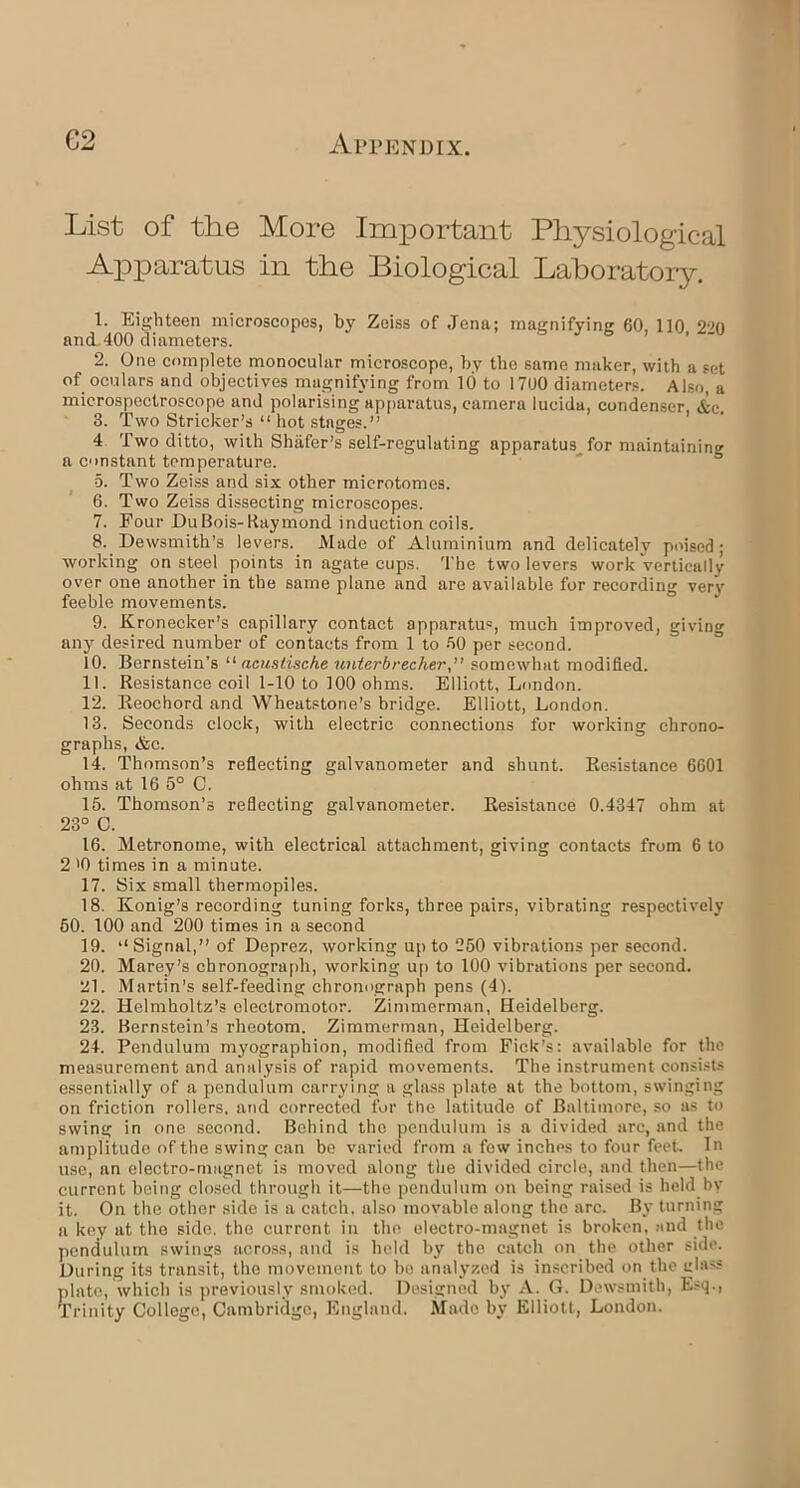 List of the More Important Physiological Apparatus in the Biological Laboratory. 1. Eighteen microscopes, by Zeiss of Jena; magnifying 60, 110 220 and 400 diameters. 2. One complete monocular microscope, by the same maker, with a set of oculars and objectives magnifying from 10 to 1700 diameters. Also, a microspectroscope and polarising apparatus, camera lucida, condenser, &c. 3. Two Strieker’s “ hot stages.” 4 Two ditto, with Shafer’s self-regulating apparatus for maintaining a constant temperature. 5. Two Zeiss and six other microtomes. 6. Two Zeiss dissecting microscopes. 7. Four DuBois-Raymond induction coils. 8. Dewsmith’s levers. Made of Aluminium and delicately poised ; working on steel points in agate cups. The two levers work vertically over one another in the same plane and are available for recording verv feeble movements. 9. Kronecker’s capillary contact apparatus, much improved, giving any desired number of contacts from 1 to 60 per second. 10. Bernstein’s “ ncustise/ie unterbrecher,” somewhat modified. 11. Resistance coil 1-10 to 100 ohms. Elliott, London. 12. Reochord and Wheatstone’s bridge. Elliott, London. 13. Seconds clock, with electric connections for working chrono- graphs, &c. 14. Thomson’s reflecting galvanometer and shunt. Resistance 6601 ohms at 16 5° C. 15. Thomson’s reflecting galvanometer. Resistance 0.4347 ohm at 23° C. 16. Metronome, with electrical attachment, giving contacts from 6 to 2 '0 times in a minute. 17. Six small thermopiles. 18. Konig’s recording tuning forks, three pairs, vibrating respectively 50. 100 and 200 times in a second 19. “Signal,” of Deprez, working up to 250 vibrations per second. 20. Marey’s chronograph, working up to 100 vibrations per second. 21. Martin’s self-feeding chronograph pens (4). 22. Helmholtz’s electromotor. Zimmerman, Heidelberg. 23. Bernstein’s rheotom. Zimmerman, Heidelberg. 24. Pendulum myographion, modified from Fick’s: available for the measurement and analysis of rapid movements. The instrument consists essentially of a pendulum carrying a glass plate at the bottom, swinging on friction rollers, and corrected for the latitude of Baltimore, so as to swing in one second. Behind the pendulum is a divided arc, and the amplitude of the swing can be varied from a few inches to four feet. In use, an electro-magnet is moved along the divided circle, and then—the current being closed through it—the pendulum on being raised is held by it. On the other side is a catch, also movable along the arc. By turning a key at the side, the current in the electro-magnet is broken, and the pendulum swings across, and is held by the catch on the other side. During its transit, the movement to be analyzed is inscribed on the class plate, which is previously smoked. Designed by A. G. Dewsmith, Esq., Trinity College, Cambridge, England. Made by Elliott, London.