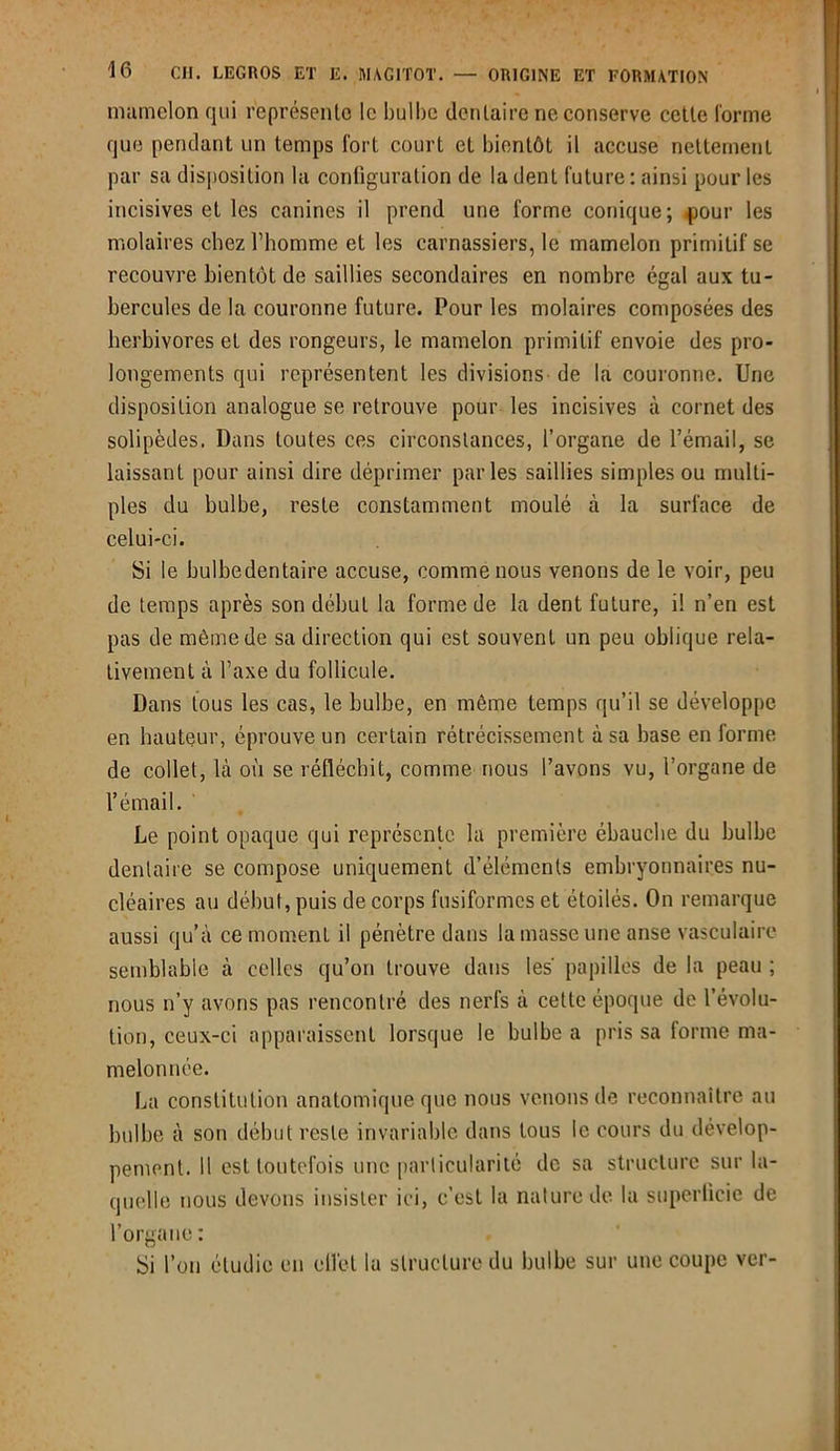 mamelon qui représente le bulbe dentaire ne conserve cette forme que pendant un temps fort court et bientôt il accuse nettement par sa disposition la configuration de la dent future : ainsi pour les incisives et les canines il prend une forme conique; pour les molaires chez l'homme et les carnassiers, le mamelon primitif se recouvre bientôt de saillies secondaires en nombre égal aux tu- bercules de la couronne future. Pour les molaires composées des herbivores et des rongeurs, le mamelon primitif envoie des pro- longements qui représentent les divisions de la couronne. Une disposition analogue se retrouve pour les incisives à cornet des solipèdes. Dans toutes ces circonstances, l’organe de l’émail, se laissant pour ainsi dire déprimer parles saillies simples ou multi- ples du bulbe, reste constamment moulé à la surface de celui-ci. Si le bulbedentaire accuse, comme nous venons de le voir, peu de temps après son début la forme de la dent future, il n’en est pas de môme de sa direction qui est souvent un peu oblique rela- tivement à Taxe du follicule. Dans fous les cas, le bulbe, en même temps qu’il se développe en hauteur, éprouve un certain rétrécissement à sa base en forme de collet, là où se réfléchit, comme nous l’avons vu, l’organe de l’émail. Le point opaque qui représente la première ébauche du bulbe dentaire se compose uniquement d’éléments embryonnaires nu- cléaires au début, puis de corps fusiformes et étoilés. On remarque aussi qu’à ce moment il pénètre dans la masse une anse vasculaire semblable à celles qu’on trouve dans les papilles de la peau ; nous n’y avons pas rencontré des nerfs à cette époque de l’évolu- tion, ceux-ci apparaissent lorsque le bulbe a pris sa forme ma- melonnée. La constitution anatomique que nous venons de reconnaître au bulbe à son début reste invariable dans tous le cours du dévelop- pement. Il est toutefois une particularité de sa structure sur la- quelle nous devons insister ici, c’est la nature de la superficie de l’organe : Si l’on étudie en ell’et la structure du bulbe sur une coupe ver-