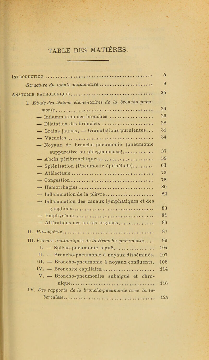 TABLE DES MATIÈRES, Introduction ° Structure du lobule pulmonaire 8 Anatomie pathologique 25 I. Etude des lésions élémentaires de la broncho-pneu- monie 26 — Inflammation des bronches 26 — Dilatation des bronches 28 — Grains jaunes. — Granulations purulentes... 31 — Vacuoles 34 Noyaux de broncho-pneumonie (pneumonie suppurative ou phlegmoneuse). 37 — Abcès péribronchiques 59 — Splénisation (Pneumonie épithéliale) 63 — Atélectasie 73 — Congestion 78 — Hémorrhagies 80 — Inflammation de la plèvre 82 — Inflammation des canaux lymphatiques et des ganglions 83 — Emphysème 84 — Altérations des autres organes...., 86 II. Pathogénie 87 III. Formes anatomiques de la Broncho-pneumonie.... 99 T. — Spléno-pneumonie aiguë 104 II. — Broncho-pneumonie à noyaux disséminés. 107 III. *— Broncho-pneumonie à noyaux confluents. 108 IV. — Bronchite capillaire 114 V. — Broncho-pneumonies subaiguë et chro- nique 116 IV. Des rapports de la broncho-pneumonie avec la tu- berculose 124