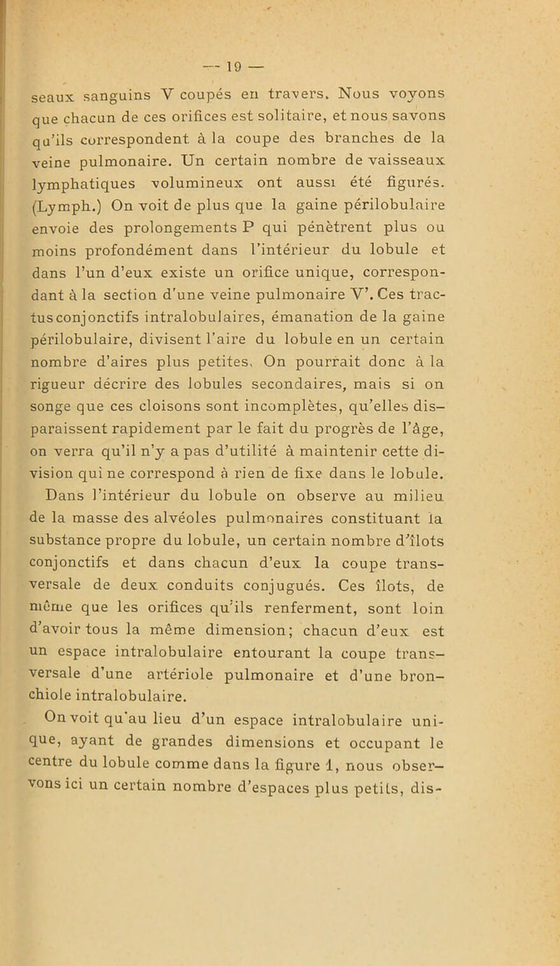 seaux sanguins V coupés en travers. Nous voyons que chacun de ces orifices est solitaire, et nous savons qu’ils correspondent à la coupe des branches de la veine pulmonaire. Un certain nombre de vaisseaux lymphatiques volumineux ont aussi été figurés. (Lymph.) On voit de plus que la gaine périlobulaire envoie des prolongements P qui pénètrent plus ou moins profondément dans l’intérieur du lobule et dans l’un d’eux existe un orifice unique, correspon- dant à la section d'une veine pulmonaire V’. Ces trac- tusconjonctifs intralobulaires, émanation de la gaine périlobulaire, divisent l’aire du lobule en un certain nombre d’aires plus petites. On pourrait donc à la rigueur décrire des lobules secondaires, mais si on songe que ces cloisons sont incomplètes, qu’elles dis- paraissent rapidement par le fait du progrès de l’àge, on verra qu’il n’y a pas d’utilité à maintenir cette di- vision qui ne correspond à rien de fixe dans le lobule. Dans l’intérieur du lobule on observe au milieu de la masse des alvéoles pulmonaires constituant la substance propre du lobule, un certain nombre d'ilots conjonctifs et dans chacun d’eux la coupe trans- versale de deux conduits conjugués. Ces îlots, de même que les orifices qu'ils renferment, sont loin d’avoir tous la même dimension; chacun d’eux est un espace intralobulaire entourant la coupe trans- versale d’une artériole pulmonaire et d’une bron- chiole intralobulaire. On voit qu au lieu d’un espace intralobulaire uni- que, ayant de grandes dimensions et occupant le centre du lobule comme dans la figure 1, nous obser- vons ici un certain nombre d’espaces plus petits, dis-