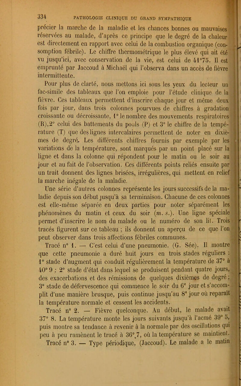 précier la marche de la maladie et les chances bonnes ou mauvaises réservées au malade, d’après ce principe que le degré de la chaleur est directement en rapport avec celui de la combustion organique (con- . ^ somption fébrile). Le chiffre thermométrique le plus élevé qui ait été vu jusqu’ici, avec conservation de la vie, est celui de 41°7o. Il est emprunté par Jaccoud à Michaël qui l’observa dans un accès de fièvre intermittente. Pour plus de clarté, nous mettons ici sous les yeux du lecteur un fac-similé des tableaux que l’on emploie pour l’étude clinique de la fièvre. Ces tableaux permettent d’inscrire chaque jour et même deux fois par jour, dans trois colonnes pourvues de chiffres à gradation croissante ou décroissante, 1° le nombre des mouvements respiratoires (R),2° celui des battements du pouls (P) et 3° le chiffre de la tempé- rature (T) que des lignes intercalaires permettent de noter en dixiè- ! mes de degré. Les différents chiffres fournis par exemple par les ! variations de la température, sont marqués par un point placé sur la ligne et dans la colonne qui répondent pour le matin ou le soir au jour et au fait de l’observation. Ces différents points reliés ensuite par un trait donnent des lignes brisées,, irrégulières, qui mettent en relief j la marche inégale de la maladie. j ; Une série d’autres colonnes représente les jours successifs de la ma- { - ladie depuis son début jusqu’à sa terminaison. Chacune de ces colonnes est elle-même séparée en deux parties pour noter séparément les phénomènes du matin et ceux du soir {m. s.). Une ligne spéciale permet d’inscrire le nom du malade ou le numéro de son lit. Trois tracés figurent sur ce tableau ; ils donnent un aperçu de ce que l’on peut observer dans trois affections fébriles communes. ; Tracé n° 4. — C’est celui d’une pneumonie. (G. Sée). Il montre que cette pneumonie a duré huit jours en trois stades réguliers : lu stade d’augment qui conduit régulièrement la température de 37° à 40° 9 ; 2° stade d’état dans lequel se produisent pendant quatre jours, ■ des exacerbations et des rémissions de quelques dixièmes de degré ; 3° stade de défervescence qui commence le soir du Gc jour et s’accom- plit d’une manière brusque, puis continue jusqu’au 8e jour où reparaît ; la température normale et cessent les accidents. M ; Tracé n° 2. — Fièvre quelconque. Au début, le malade avait 1 37° 8. La température monte les jours suivants jusqu’à l’acmé 39° à, puis montre sa tendance à revenir à la normale par des oscillations qui ■ peu à peu ramènent le tracé à 3G0.7, où la température se maintient. Tracé n° 3. — Type périodique, (Jaccoud). Le malade a le matin