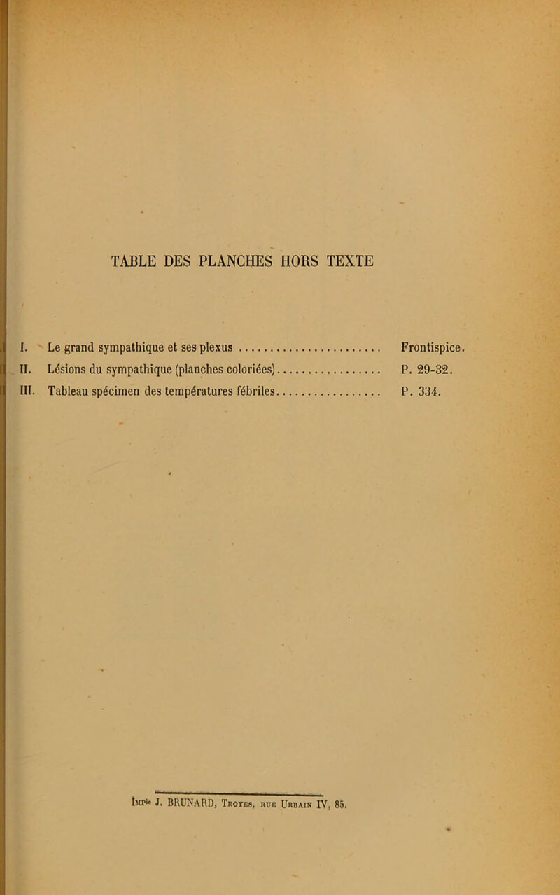 TABLE DES PLANCHES HORS TEXTE I. Le grand sympathique et ses plexus Frontispice. II. Lésions du sympathique (planches coloriées) P. 29-32. III. Tableau spécimen des températures fébriles P. 334. tiipi* J. BRUNARD, TnorEs, rue Urbain IV, 85.