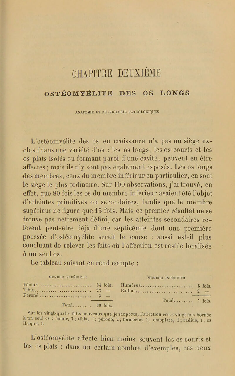 CHAPITRE DEUXIÈME OSTÉOMYÉLITE DES OS LONGS ANATOMIE ET PHYSIOLOGIE PATHOLOGIQUES L’ostéomyélite des os en croissance n’a pas un siège ex- clusif dans une variété d’os : les os longs, les os courts et les os plats isolés ou formant paroi d’une cavité, peuvent en être affectés ; mais ils n’y sont pas également exposés. Les os longs des membres, ceux du membre inférieur en particulier, en sont le siège le plus ordinaire. Sur 100 observations, j’ai trouvé, eu effet, que 80 fois les os du membre inférieur avaient été l’objet d’atteintes primitives ou secondaires, tandis que le membre supérieur ne figure que 15 fois. Mais ce premier résultat ne se trouve pas nettement défini, car les atteintes secondaires re- lèvent peut-être déjà d’une septicémie dont une première poussée d’ostéomyélite serait la cause : aussi est-il plus concluant de relever les faits où l’affection est restée localisée à un seul os. Le tableau suivant en rend compte : MEMBRE SUPÉRIEUR MEMBRE INFÉRIEUR Fémur 34 fois. Tibia 23 — Péroné 3 — Total 60 fois. Humérus 5 fois. Radius 2 Total 7 fois. Sur les vingt-quatre faits nouveaux quo je rapporte, l’affection reste vingt fois bornée à un seul os : fémur, 7 ; tibia, 7 ; péroné, 2 ; humérus, 1 ; omoplate, 1 ; radius, 1 ; os iliaque, 1. L ostéomyélite affecte bien moins souvent les os courts et les os plats : dans un certain nombre d’exemples, ces deux