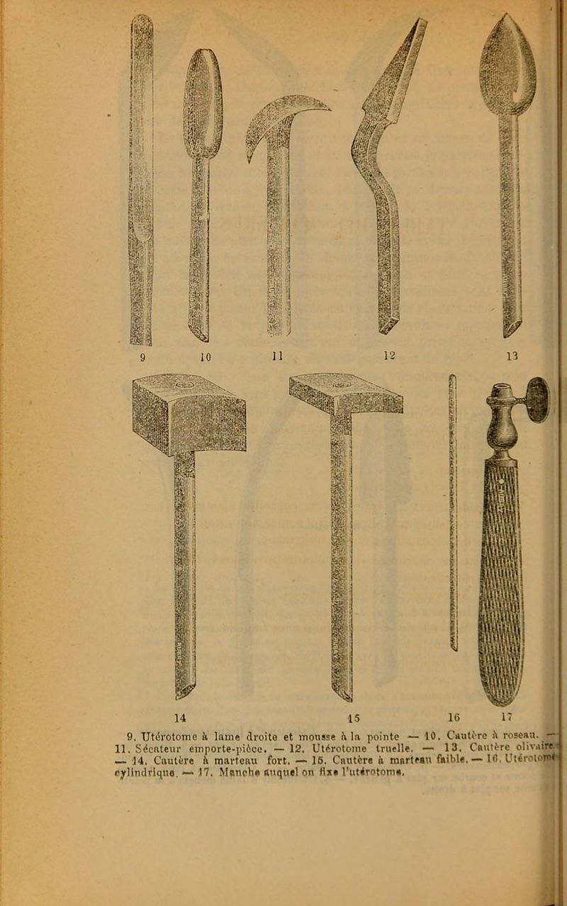 11. Sécateur emporte-pièce. — 12. Utérotome truelle. — 13. Cautère olivaire — 14. Cautère à marteau fort. — 16. Cautère à marteau faible.— 16. Utérotonrti cylindrique. — 17. Manche auquel on ils» l’utirotonia.