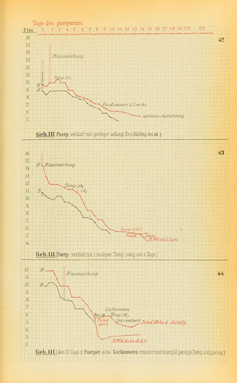 Clm 1 2 3 4 5 6 7 8 9 10 11 12 13 14 15 16 17 18 19 2 0 22 16 * '  ~ 15 I l I J JSlasenwirkung Geb.Iir Puerp. verläuft mit geringer anfängl.ErscMaflimg des ut.) spontane •.Aufrichtung Geb.IlI.fPuerp - verläuft mit 1 maliger Temp. steig.am iTage) 43 44