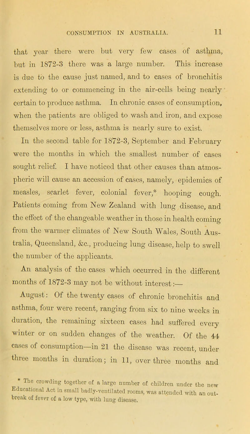 that year there were hut very few cases of asthma, but in 1872-3 there was a large number. This increase is due to the cause just named, and to cases of bronchitis extending to or commencing in the air-cells being nearly certain to produce asthma. In chronic cases of consumption, when the patients are obliged to wash and iron, and expose themselves more or less, asthma is nearly sure to exist. In the second table for 1872-3, September and February were the months in which the smallest number of cases sought relief. I have noticed that other causes than atmos- pheric will cause an accession of cases, namely, epidemics of measles, scarlet fever, colonial fever,* hooping cough. Patients coming from New Zealand with lung disease, and the effect of the changeable weather in those in health coming from the warmer climates of New South Wales, South Aus- tralia, Queensland, &c., producing lung disease, help to swell the number of the applicants. An analysis of the cases which occurred in the different months of 1872-3 may not be without interest:— August: Of the twenty cases of chronic bronchitis and asthma, four were recent, ranging from six to nine weeks in duration, the remaining sixteen cases had suffered every winter or on sudden changes of the weather. Of the 44 cases of consumption—in 21 the disease was recent, under three months in duration; in 11, over three months and The crowding together of a large number of children under the new Educational Act in small badly-ventilated rooms, was attended with an out- break of fever of a low type, with lung disease.
