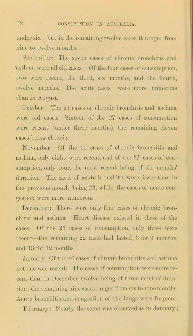 under six; but in the remaining twelve cases it ranged from nine to twelve months. September: The seven cases of chronic bronchitis and asthma were all old cases. Of the four cases of consumption, two were recent, the third, six months, and the fourth, twelve months. The acute cases were more numerous than in August. October: The 21 cases of chronic bronchitis and asthma were old cases. Sixteen of the 27 cases of consumption were recent (under three months), the remaining eleven cases being chronic. November: Of the 41 cases of chronic bronchitis and asthma, only eight were recent, and of the 27 cases of con- sumption, only four, the most recent being of six months’ duration. The cases of acute bronchitis were fewer than in the previous month, being 23, while the cases of acute con- gestion were more numerous. December: There were only four cases of chronic bron- chitis and asthma. Heart disease existed in three of the cases. Of the 25 cases of consumption, only three were recent—the remaining 22 cases had lasted, 3 for 9 months, and 13 for 12 months. J anuary: Of the 40 cases of chronic bronchitis and asthma not one was recent. The cases of consumption were more re- cent than in December, twelve being of three months’ dura- tion ; the remaining nine cases ranged from six to nine months. Acute bronchitis and congestion of the lungs were frequent. February: Nearly the same was observed as in January;