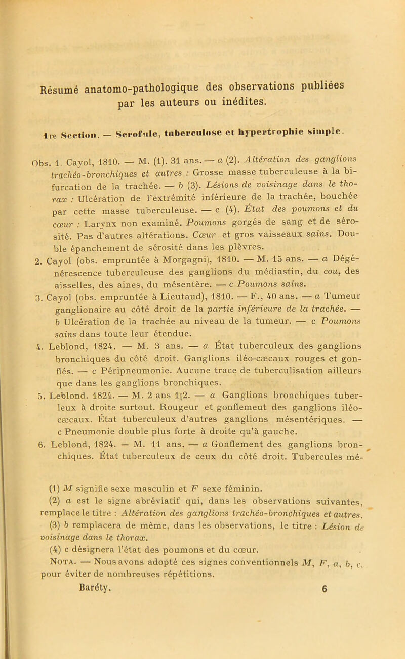 Résumé anatomo-pathologique des observations publiées par les auteurs ou inédites. lie Section. — Scrofule, tuberculose et hypertrophie simple. Obs. 1. Cayol, 1810. — M. (1). 31 ans. — a (2). Altération des ganglions trachéo-bronchiques et autres : Grosse masse tuberculeuse à la bi- furcation de la trachée. — b (3). Lésions de voisinage dans le tho- rax : Ulcération de l’extrémité inférieure de la trachée, bouchée par cette masse tuberculeuse. — c (4). État des pouvions et du cœur : Larynx non examiné. Poumons gorgés de sang et de séro- sité. Pas d’autres altérations. Cœur et gros vaisseaux sains. Dou- ble épanchement de sérosité dans les plèvres. 2. Cayol (obs. empruntée à Morgagni), 1810. — M. 15 ans. — a Dégé- nérescence tuberculeuse des ganglions du médiastin, du cou, des aisselles, des aines, du mésentère. — c Poumons sains. 3. Cayol (obs. empruntée à Lieutaud), 1810. — F., 40 ans. — a Tumeur ganglionaire au côté droit de la partie inférieure de la trachée. — b Ulcération de la trachée au niveau de la tumeur. — c Poumons sains dans toute leur étendue. 4. Leblond, 1824. — M. 3 ans. — a État tuberculeux des ganglions bronchiques du côté droit. Ganglions iléo-cæcaux rouges et gon- flés. — c Péripneumonie. Aucune trace de tuberculisation ailleurs que dans les ganglions bronchiques. 5. Leblond. 1824. — M. 2 ans i\2. — a Ganglions bronchiques tuber- leux à droite surtout. Rougeur et gonflemeut des ganglions iléo- cæcaux. État tuberculeux d’autres ganglions mésentériques. — c Pneumonie double plus forte à droite qu’à gauche. 6. Leblond, 1824. — M. 11 ans. — a Gonflement des ganglions bron- chiques. État tuberculeux de ceux du côté droit. Tubercules mé- (1) M signifie sexe masculin et F sexe féminin. (2) a est le signe abréviatif qui, dans les observations suivantes, remplace le titre : Altération des ganglions trachéo-bronchiques et autres. (3) b remplacera de même, dans les observations, le titre : Lésion de voisinage dans le thorax. (4) c désignera l’état des poumons et du cœur. Nota. — Nous avons adopté ces signes conventionnels M, F, a, 6, c. pour éviter de nombreuses répétitions.