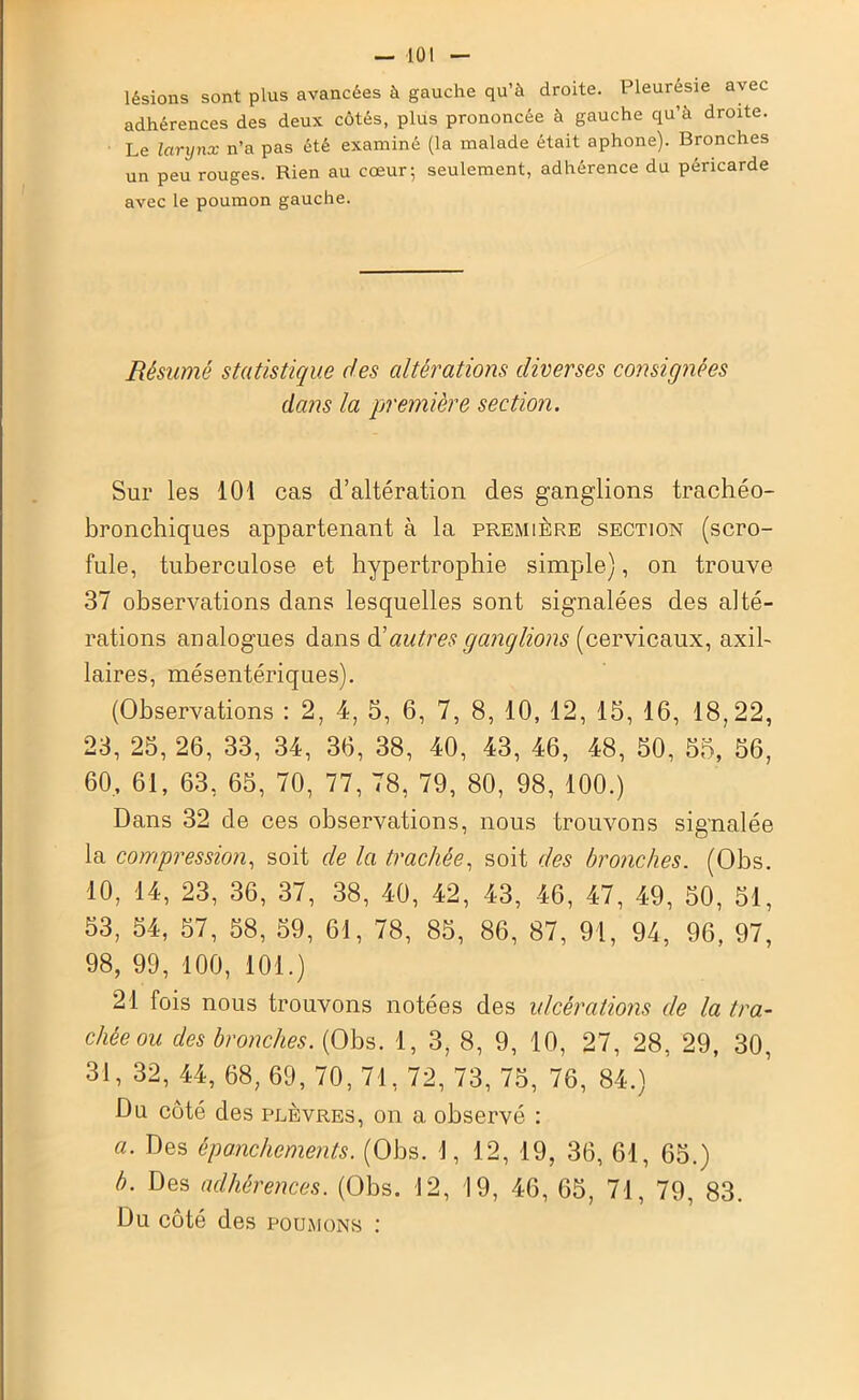 lésions sont plus avancées à gauche qu’à droite. Pleurésie avec adhérences des deux côtés, plus prononcée à gauche qu’à droite. Le larynx n’a pas été examiné (la malade était aphone). Bronches un peu rouges. Rien au cœur; seulement, adhérence du péricarde avec le poumon gauche. Résumé statistique des altérations diverses consignées dans la première section. Sur les 101 cas d’altération des ganglions trachéo- bronchiques appartenant à la première section (scro- fule, tuberculose et hypertrophie simple), on trouve 37 observations dans lesquelles sont signalées des alté- rations analogues dans d'autres ganglions (cervicaux, axil- laires, mésentériques). (Observations : 2, 4, 5, 6, 7, 8, 10, 12, 15, 16, 18,22, 23, 25, 26, 33, 34, 36, 38, 40, 43, 46, 48, 50, 55, 56, 60, 61, 63, 65, 70, 77, 78, 79, 80, 98, 100.) Dans 32 de ces observations, nous trouvons signalée la compression, soit de la trachée, soit des bronches. (Obs. 10, 14, 23, 36, 37, 38, 40, 42, 43, 46, 47, 49, 50, 51, 53, 54, 57, 58, 59, 61, 78, 85, 86, 87, 91, 94, 96, 97, 98, 99, 100, 101.) 21 fois nous trouvons notées des ulcérations de la tra- chée ou des bronches. (Obs. 1, 3, 8, 9, 10, 27, 28, 29, 30, 31, 32, 44, 68, 69, 70, 71, 72, 73, 75, 76, 84.) Du côté des plèvres, on a observé : a. Des épanchements. (Obs. 1, 12, 19, 36, 61, 65.) b. Des adhérences. (Obs. 12, 19, 46, 65, 71, 79, 83. Du côté des poumons :