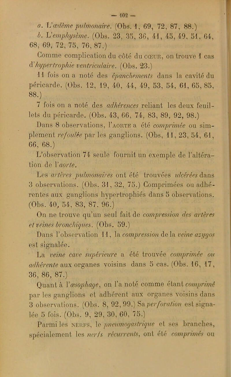 a. L’œdème pulmonaire. (Obs. 1, 69, 72, 87, 88.) b. Vemphysème. (Obs. 23, 35, 36, 41, 45, 49, 51, 64, 68, 69, 72, 75, 76, 87.) Gomme complication du côté du cœur, on trouve 1 cas à'hypertrophie ventriculaire. (Obs. 23.) I l fois on a noté des épanchements dans la cavité du péricarde. (Obs. 12, 19, 40, 44, 49, 53, 54, 61, 65, 85, 88.) 7 fois on a noté des adhérences reliant les deux feuil- lets du péricarde. (Obs. 43, 66, 74, 83, 89, 92, 98.) Dans 8 observations, I’aorte a été comprimée ou sim- plement refoulée par les ganglions. (Obs, 11, 23, 54, 61, 66, 68.) L’observation 74 seule fournit un exemple de l’altéra- tion de Yaorte. Les artères pulmonaires ont été trouvées ulcérées dans 3 observations. (Obs. 31, 32, 75.) Comprimées ou adhé- rentes aux ganglions hypertrophiés dans 5 observations. (Obs. 40, 54, 83, 87, 96.) On ne trouve qu’un seul fait de compression des artères et veines bronchiques. (Obs. 59.) Dans l’observation 11, la compression de la veine azygos est signalée. La veine cave supérieure a été trouvée comprimée ou adhérente aux organes voisins dans 5 cas. (Obs. 16, 17, 36, 86, 87.) Quant à Y œsophage, on l’a noté comme étant comprimé par les ganglions et adhérent aux organes voisins dans 3 observations. (Obs. 8, 92, 99.) Sa perforation est signa- lée 5 fois. (Obs. 9, 29, 30, 60, 75.) Parmi les nerfs, le pneumogastrique et ses branches, spécialement les nerfs récurrents, ont été comprimés ou