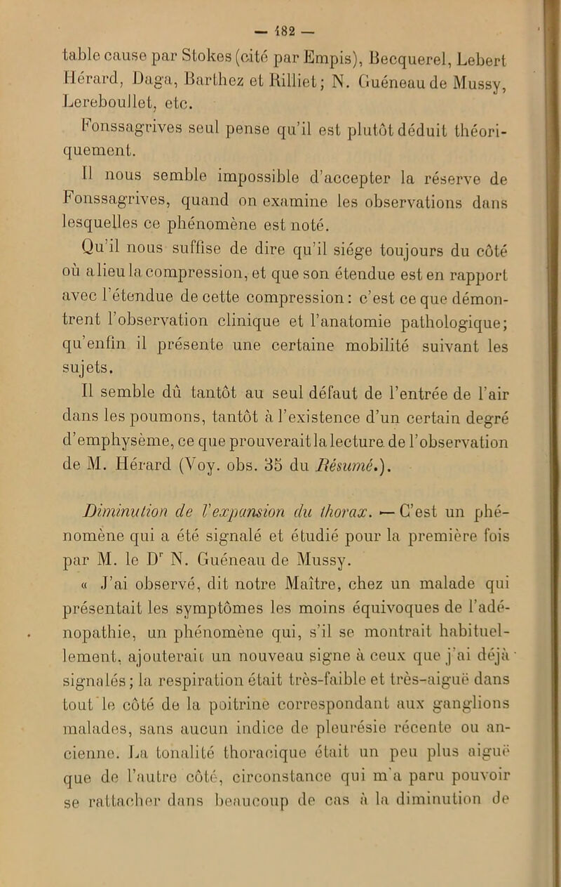 table cause par Stokes (cité par Empis), Becquerel, Lebert Hérard, Daga, Barthez et Rilliet; N. (meneau de Mussy, LerebouJlet, etc. Fonssagrives seul pense qu’il est plutôt déduit théori- quement. Il nous semble impossible d’accepter la réserve de Foaassagrives, quand on examine les observations dans lesquelles ce phénomène est noté. Qu il nous suflise de dire qu’il siège toujours du côté où a lieu la compression, et que son étendue est en rapport avec I étendue de cette compression: c’est ce que démon- trent l’observation clinique et l’anatomie pathologique; qu’enfin il présente une certaine mobilité suivant les sujets. Il semble dû tantôt au seul défaut de l’entrée de l’air dans les poumons, tantôt à l’existence d’un certain degré d’emphysème, ce que prouverait la lecture, de l’observation de M. Hérard (Voy. obs. 35 du Résumé.). Diminution de l'expansion du thorax. — C’est un phé- nomène qui a été signalé et étudié pour la première fois par M. le Dr N. Guéneau de Mussy. « J’ai observé, dit notre Maître, chez un malade qui présentait les symptômes les moins équivoques de l’adé- nopathie, un phénomène qui, s’il se montrait habituel- lement, ajouterait un nouveau signe à ceux que j'ai déjà signalés; la respiration était très-faible et très-aiguë dans tout le côté de la poitrine correspondant aux ganglions malades, sans aucun indice de plourésie récente ou an- cienne. La tonalité thoracique était un peu plus aiguë que de l’autre côté, circonstance qui m a paru pouvoir se rattacher dans beaucoup de cas à la diminution de