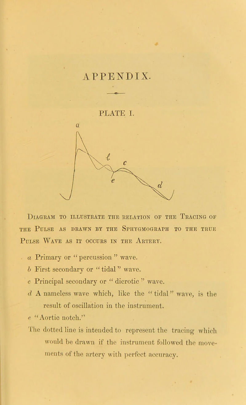 APPENDIX. PLATE I. a Diagram to illustrate the relation of the Tracing of the Pulse as drawn by the Sphygmograph to the true Pulse Wave as it occurs in the Artery. a Primary or “ percussion ” wave. b First secondary or “ tidal ” wave. c Principal secondary or “ dicrotic ” wave. cl A nameless wave which, like the “ tidal ” wave, is the result of oscillation in the instrument. e “ Aortio notch.” ’1'lie dotted line is intended to represent the tracing which would be drawn if the instrument followed the move- ments of the artery with perfect accuracy.