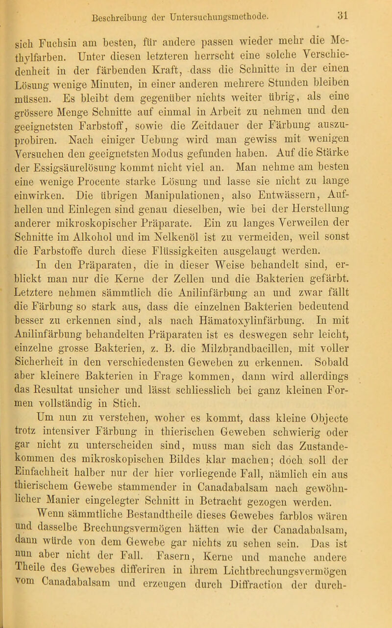 sich Fuchsin am besten, für andere passen wieder mehr die Me- thylfarben. Unter diesen letzteren herrscht eine solche Verschie- denheit in der färbenden Kraft, dass die Schnitte in der einen Lösung wenige Minuten, in einer anderen mehrere Stunden bleiben müssen. Es bleibt dem gegenüber nichts weiter übrig, als eine grössere Menge Schnitte auf einmal in Arbeit zu nehmen und den geeignetsten Farbstoff, sowie die Zeitdauer der Färbung auszu- probiren. Nach einiger Uebung wird man gewiss mit wenigen Versuchen den geeignetsten Modus gefunden haben. Auf die Stärke der Essigsäurelösung kommt nicht viel an. Man nehme am besten eine wenige Procente starke Lösung und lasse sie nicht zu lange einwirken. Die übrigen Manipulationen, also Entwässern, Auf- hellen und Einlegen sind genau dieselben, wie bei der Herstellung anderer mikroskopischer Präparate. Ein zu langes Verweilen der Schnitte im Alkohol und im Nelkenöl ist zu vermeiden, weil sonst die Farbstoffe durch diese Flüssigkeiten ausgelaugt werden. In den Präparaten, die in dieser Weise behandelt sind, er- blickt man nur die Kerne der Zellen und die Bakterien gefärbt. Letztere nehmen sämmtlich die Anilinfärbung an und zwar fällt die Färbung so stark aus, dass die einzelnen Bakterien bedeutend besser zu erkennen sind, als nach Hämatoxylinfärbung. In mit Anilinfärbung behandelten Präparaten ist es deswegen sehr leicht, einzelne grosse Bakterien, z. B. die Milzbrandbacillen, mit voller Sicherheit in den verschiedensten Geweben zu erkennen. Sobald aber kleinere Bakterien in Frage kommen, dann wird allerdings das Resultat unsicher und lässt schliesslich bei ganz kleinen For- men vollständig in Stich. Um nun zu verstehen, woher es kommt, dass kleine Objecte trotz intensiver Färbung in thierischen Geweben schwierig oder gar nicht zu unterscheiden sind, muss man sich das Zustande- kommen des mikroskopischen Bildes klar machen; doch soll der Einfachheit halber nur der hier vorliegende Fall, nämlich ein aus thierischem Gewebe stammender in Canadabalsam nach gewöhn- licher Manier eingelegter Schnitt in Betracht gezogen werden. Wenn sämmtliche Bestandtheile dieses Gewebes farblos wären und dasselbe Brechungsvermögeu hätten wie der Canadabalsam, dann würde von dem Gewebe gar nichts zu sehen sein. Das ist nun aber nicht der Fall. Fasern, Kerne und manche andere Theile des Gewebes differiren in ihrem Lichtbrechungsvermögen vom Canadabalsam und erzeugen durch Diffraction der durch-