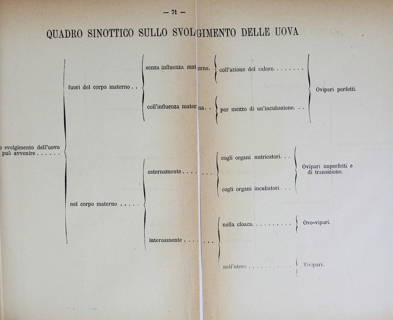 o svolgimento può avvenire QUADRO SINOTTICO SULLO SVOLGIMENTO DELLE UOVA senza influenza materna. ì coll»azione dei calore. fuori del corpo materno . - . coll’influenza maten ua« • ì per mezzo di un’incubazione. Ovipari perfetti. dell’uovo nel corpo materno internamente . . cogli organi nutricatori. esternamente.... . . Ovipari imperfetti e di transizione. cogli organi incubatori. nella cloaca. Ovo-vipari. ì nell’utero , . ( Vivipari.