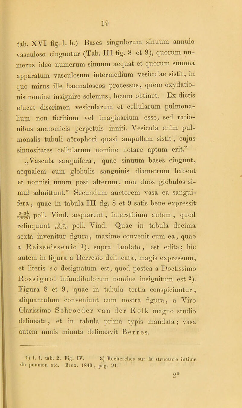 tab. XYI fig. 1. b.) Bases singulorum sinuum annulo vasculoso cinguntur (Tab. III fig. 8 et 9), quorum nu- merus ideo numerum sinuum aequat et quorum summa apparatum vasculosum intermedium vesiculae sistit, in quo mirus ille haematoseos processus, quem oxydatio- nis nomine insignire solemus, locum obtinet. Ex dictis elucet discrimen vesicularum et cellularum pulmona- lium non fictitium vel imaginarium esse, sed ratio- nibus anatomicis perpetuis inniti. Vesicula enim pul- monalis tubuli aerophori quasi ampullam sistit, cujus sinuositates cellularum nomine notare aptum erit.” „ Vascula sanguifera , quae sinuum bases cingunt, aequalem cum globulis sanguinis diametrum habent et nonnisi unum post alterum, non duos globulos si- mul admittunt.” Secundum auctorem vasa ea sangui- fera , quae in tabula III fig. 8 et 9 satis bene expressit x555& P°U* Vind. aequarent, interstitium autem , quod relinquunt raico poli. Vind. Quae in tabula decima sexta invenitur figura, maxime convenit cum ea, quae a Beisseissenio Q, supra laudato, est edita; lnc autem in figura a Berresio delineata, magis expressum, et literis cc designatum est, quod postea a Doctissimo Rossignol infundibulorum nomine insignitum est 1 2). Figura 8 et 9, quae in tabula tertia conspiciuntur, aliquantulum conveniunt cum nostra figura, a Viro Clarissimo Schroeder van der Kolk maano studio O delineata, et in tabula prima typis mandata; vasa autem nimis minuta delineavit B er res. 1) 1. 1. tab. 2, Fif;. IV. 2) Rcclicrches sur la structure intime du poumon ctc. Brux. 1840, png. 21. 2*