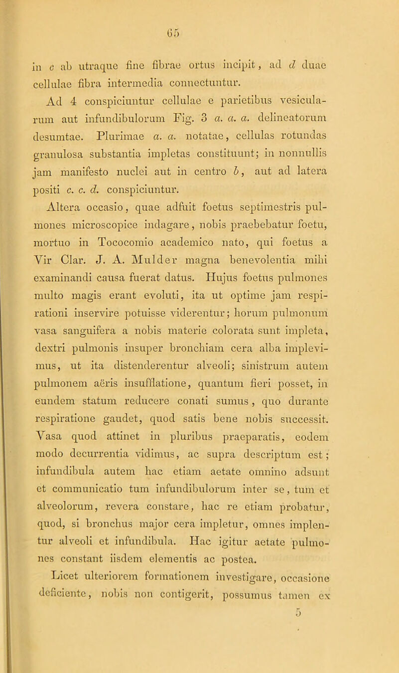 (jf> in c ab utraque fine fibrae ortus incipit, ad d duae cellulae fibra intermedia connectuntur. Ad 4 conspiciuntur cellulae e parietibus vesicula- rum aut infundibulorum Fig. 3 a. a. a. delineatorum desumtae. Plurimae a. a. notatae, cellulas rotundas granulosa substantia impletas constituunt; in nonnullis jam manifesto nuclei aut in centro b, aut ad latera positi c. c. d. conspiciuntur. Altera occasio, quae adfuit foetus septimestris pul- mones microscopice indagare, nobis praebebatur foetu, mortuo in Tococomio academico nato, qui foetus a Vir Clar. J. A. Mulder magna benevolentia mihi examinandi causa fuerat datus. Hujus foetus pulmones multo magis erant evoluti, ita ut optime jam respi- rationi inservire potuisse viderentur; horum pulmonum vasa sanguifera a nobis materie colorata sunt impleta, dextri pulmonis insuper bronchiam cera alba implevi- mus, ut ita distenderentur alveoli; sinistrum autem pulmonem aeris insufflatione, quantum fieri posset, in eundem statum reducere conati sumus, quo durante respiratione gaudet, quod satis bene nobis successit. Vasa quod attinet in pluribus praeparatis, eodem modo decurrentia vidimus, ac supra descriptum est; infundibula autem hac etiam aetate omnino adsunt et communicatio tum infundibulorum inter se, tum et alveolorum, revera constare, hac re etiam probatur, quod, si bronchus major cera impletur, omnes implen- tur alveoli et infundibula. Hac igitur aetate pulmo- nes constant iisdem elementis ac postea. Licet ulteriorem formationem investigare, occasione deficiente, nobis non contigerit, possumus tamen ex