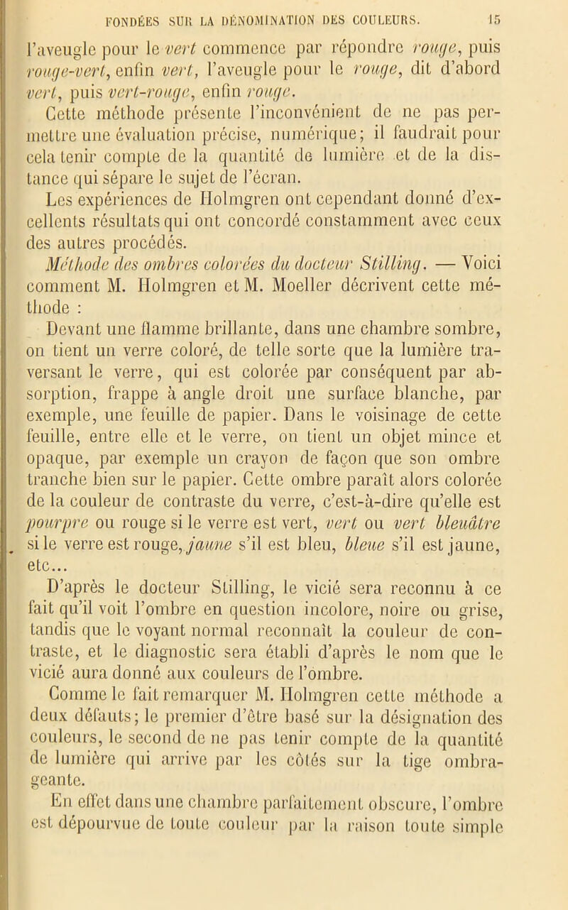 l’aveugle pour le vert commence par répondre rouge, puis rouge-vert, enfin vert, l’aveugle pour le rouge, dit d’abord vert, puis vert-rouge, enfin rouge. Cette méthode présente l’inconvénient de ne pas per- mettre une évaluation précise, numérique; il faudrait pour cela tenir compte de la quantité de lumière et de la dis- tance qui sépare le sujet de l’écran. Les expériences de Holmgren ont cependant donné d’ex- cellents résultats qui ont concordé constamment avec ceux des autres procédés. Méthode des ombres colorées du docteur Stilling. — Voici comment M. Holmgren et M. Moeller décrivent cette mé- thode : Devant une flamme brillante, dans une chambre sombre, on tient un verre coloré, de telle sorte que la lumière tra- versant le verre, qui est colorée par conséquent par ab- sorption, frappe à angle droit une surface blanche, par exemple, une feuille de papier. Dans le voisinage de cette feuille, entre elle et le verre, on tient un objet mince et opaque, par exemple un crayon de façon que son ombre tranche bien sur le papier. Cette ombre paraît alors colorée de la couleur de contraste du verre, c’est-à-dire qu’elle est pourpre ou rouge si le verre est vert, vert ou vert bleuâtre si le verre est rouge, jaune s’il est bleu, bleue s’il est jaune, etc... D’après le docteur Stilling, le vicié sera reconnu à ce fait qu’il voit l’ombre en question incolore, noire ou grise, tandis que le voyant normal reconnaît la couleur de con- traste, et le diagnostic sera établi d’après le nom que le vicié aura donné aux couleurs de l’ombre. Comme le fait remarquer M. Holmgren ceLLe méthode a deux défauts; le premier d’être basé sur la désignation des couleurs, le second de ne pas tenir compte de la quantité de lumière qui arrive par les côtés sur la Lige ombra- geante. En effet dans une chambre parfaitement obscure, l’ombre est dépourvue de Loute couleur par la raison toute simple