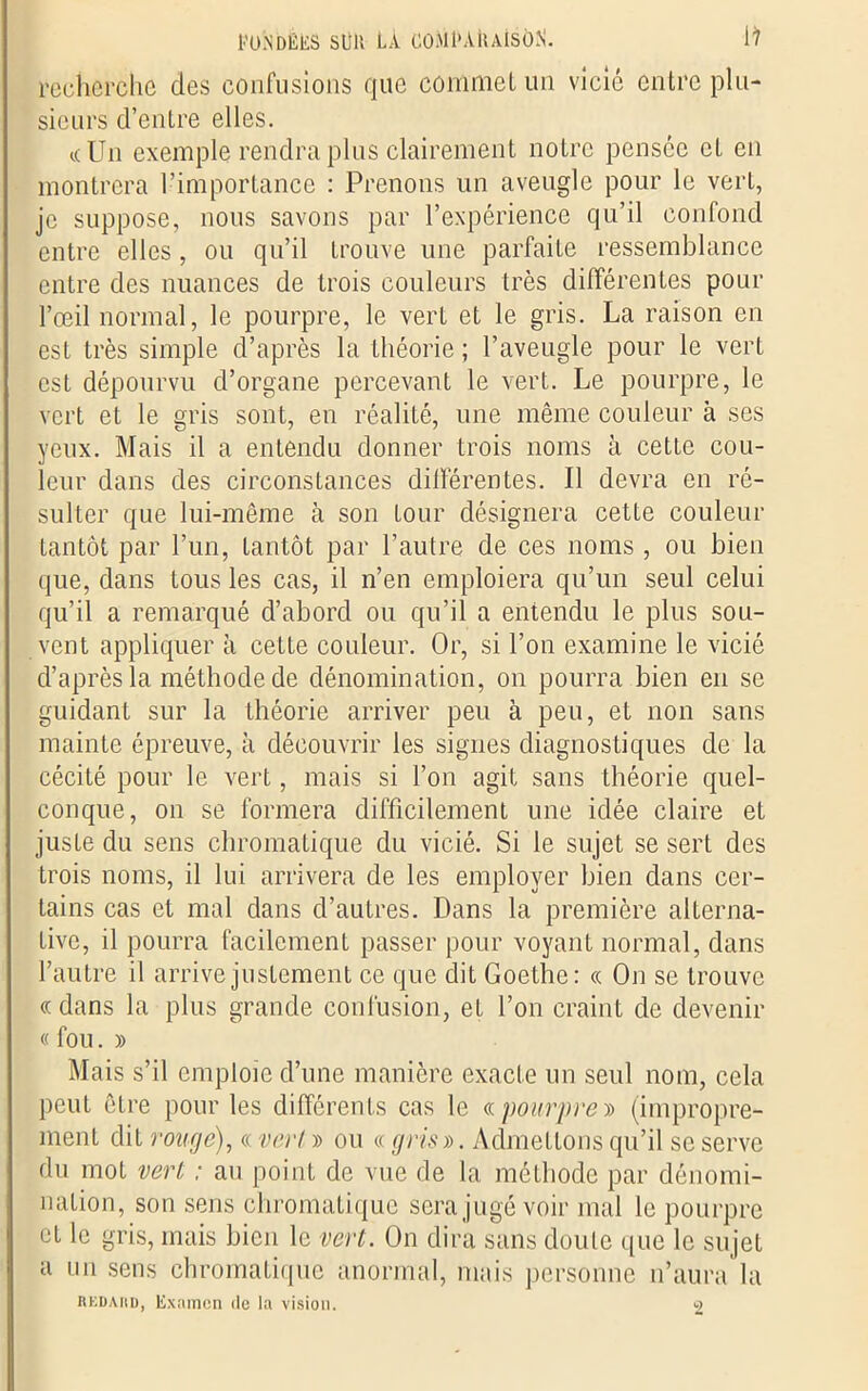 FONDËliS SÜlt LÀ COMPARAISON. D recherche des confusions que commet un vicié entre plu- sieurs d’entre elles. k Un exemple rendra plus clairement noLrc pensée et en montrera l’importance : Prenons un aveugle pour le vert, je suppose, nous savons par l’expérience qu’il confond entre elles, ou qu’il trouve une parfaite ressemblance entre des nuances de trois couleurs très différentes pour l’œil normal, le pourpre, le vert et le gris. La raison en est très simple d’après la théorie ; l’aveugle pour le vert est dépourvu d’organe percevant le vert. Le pourpre, le vert et le gris sont, en réalité, une même couleur à ses yeux. Mais il a entendu donner trois noms à cette cou- leur dans des circonstances différentes. Il devra en ré- sulter que lui-même à son Lour désignera cette couleur tantôt par l’un, tantôt par l’autre de ces noms , ou bien que, dans tous les cas, il n’en emploiera qu’un seul celui qu’il a remarqué d’abord ou qu’il a entendu le plus sou- vent appliquer à cette couleur. Or, si l’on examine le vicié d’après la méthode de dénomination, on pourra bien en se guidant sur la théorie arriver peu à peu, et non sans mainte épreuve, à découvrir les signes diagnostiques de la cécité pour le vert, mais si l’on agit sans théorie quel- conque, on se formera difficilement une idée claire et juste du sens chromatique du vicié. Si le sujet se sert des trois noms, il lui arrivera de les employer bien dans cer- tains cas et mal dans d’autres. Dans la première alterna- tive, il pourra facilement passer pour voyant normal, dans l’autre il arrive justement ce que dit Goethe: « On se trouve «dans la plus grande confusion, et l’on craint de devenir « fou. » Mais s’il emploie d’une manière exacte un seul nom, cela peut être pour les différents cas le «.pourpre-» (impropre- ment dit rouge), « ver! » ou « gris». Admettons qu’il se serve du mot vert ; au point de vue de la méthode par dénomi- nation, son sens chromatique sera jugé voir mal le pourpre et le gris, mais bien le vert. On dira sans doute que le sujet a un sens chromatique anormal, mais personne n’aura la RLDAitD, Examen de la vision. 9