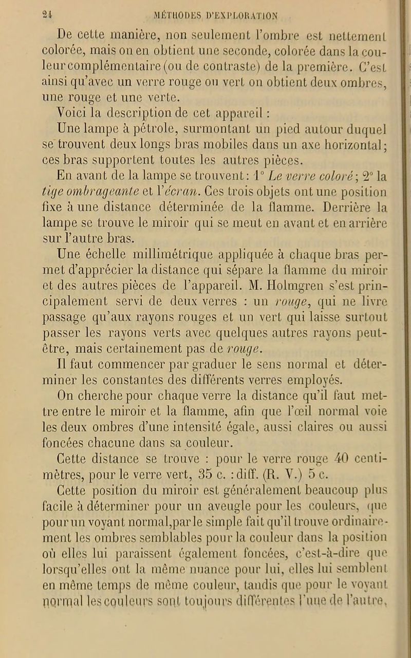 De celte manière, non seulement l’ombre est nettement colorée, mais on en obtient une seconde, colorée dans la cou- leur complémentaire (ou de contraste) de la première. C’esl ainsi qu’avec un verre rouge ou vert ou obtient deux ombres, une rouge et une verte. Voici la description de cet appareil : Une lampe à pétrole, surmontant un pied autour duquel se trouvent deux longs bras mobiles dans un axe horizontal; ces bras supportent toutes les autres pièces. En avant de la lampe se trouvent: 1° Le verre coloré; 2° la tige ombrageante et Y écran. Ces trois objets ont une position fixe à une distance déterminée de la flamme. Derrière la lampe se trouve le miroir qui se meut en avant et en arrière sur l’autre bras. Une échelle millimétrique appliquée à chaque bras per- met d’apprécier la distance qui sépare la flamme du miroir et des autres pièces de l’appareil. M. Holmgren s’est prin- cipalement servi de deux verres : un rouge, qui ne livre passage qu’aux rayons rouges et un vert qui laisse surtout passer les rayons verts avec quelques autres rayons peut- être, mais certainement pas de rouge. Il faut commencer par graduer le sens normal et déter- miner les constantes des différents verres employés. On cherche pour chaque verre la distance qu'il faut met- tre entre le miroir et la flamme, afin que l’œil normal voie les deux ombres d’une intensité égale, aussi claires ou aussi foncées chacune dans sa couleur. Cette distance se trouve : pour le verre rouge 40 centi- mètres, pour le verre vert, 35 c. :diff. (R. V.) 5 e. Cette position du miroir est généralement beaucoup plus facile à déterminer pour un aveugle pour les couleurs, (pie pourun voyant normal,parle simple fait qu’il trouve ordinaire- ment les ombres semblables pour la couleur dans la position où elles lui paraissent également foncées, c’est-à-dire que lorsqu’elles ont la même nuance pour lui, elles lui semblent en même temps de même couleur, tandis que pour le voyant normal les couleurs sont toujours différentes funede l’autre,