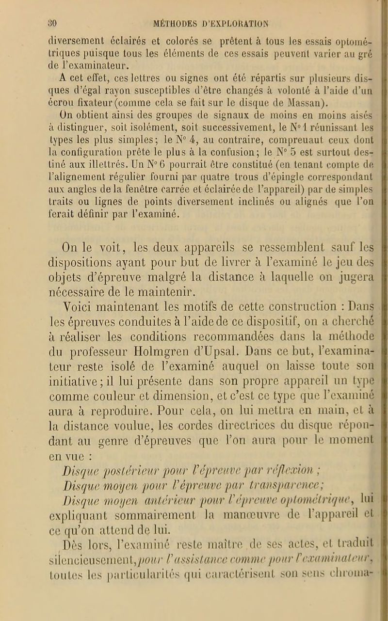 (liversemcnL éclairés et colorés se prêtent à tous les essais optomé- triques puisque tous les éléments de ces essais pcuvenl varier au gré de l’examinateur. A cet effet, ces lettres ou signes ont été répartis sur plusieurs dis- ques d’égal rayon susceptibles d’être changés à volonté à l’aide d’un écrou fixateur (comme cela se fait sur le disque de Massan). On obtient ainsi des groupes de signaux de moins en moins aisés à distinguer, soit isolément, soit successivement, le N°1 réunissant les types les plus simples; le N° 4, au contraire, compreuaut ceux dont la configuration prête le plus à la confusion; le N° 5 est surtout des- tiné aux illettrés. Un N°G pourrait être constitué (en tenant compte de l’alignement régulier fourni par quatre trous d’épingle correspondant aux angles de la fenêtre carrée et éclairée de l’appareil) par de simples traits ou lignes de points diversement inclinés ou alignés que l’on ferait définir par l’examiné. On le voit, les deux appareils se ressemblent sauf les dispositions ayant pour but de livrer à l’examiné le jeu des objets d’épreuve malgré la distance à laquelle on jugera nécessaire de le maintenir. Voici maintenant les motifs de cette construction : Dans les épreuves conduites à l’aide de ce dispositif, on a cherché à réaliser les conditions recommandées dans la méthode du professeur Holmgren d’Upsal. Dans ce but, l’examina- teur reste isolé de l’examiné auquel on laisse toute son initiative ; il lui présente dans son propre appareil un type comme couleur et dimension, et c’esL ce type que l’examiné aura à reproduire. Pour cela, on lui mettra en main, cl à la distance voulue, les cordes directrices du disque répon- dant au genre d’épreuves que l’on aura pour le moment en vue : Disque postérieur pour l'épreuve par réflexion ; Disque moyen pour l'épreuve par transparence; Disque moyen antérieur pour l'épreuve optométrique, lui expliquant sommairement la manœuvre de l’appareil et ce qu’on attend de lui. Dès lors, l’examiné reste maître de ses actes, et traduit silencieusement,pour /’assistance comme pour /'examinateur,