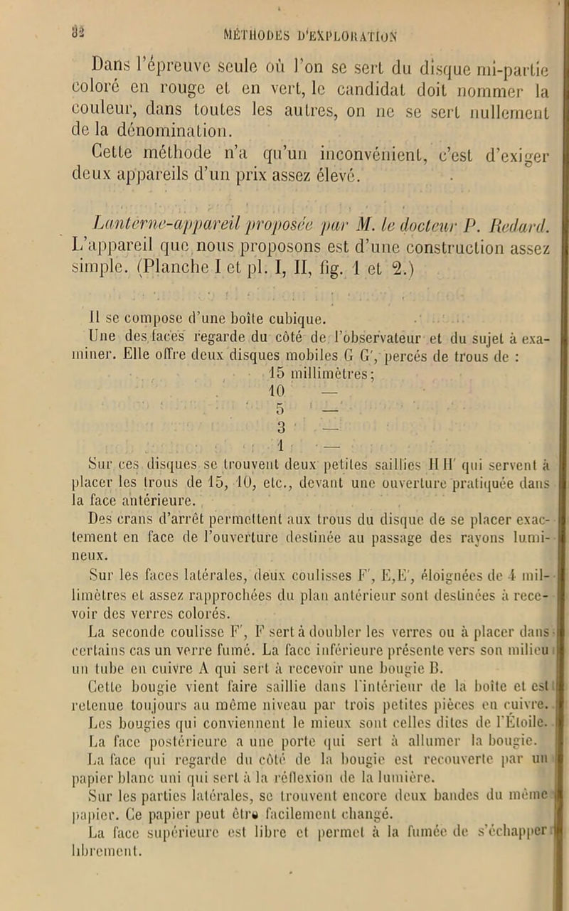 Dans l’épreuve seule où Ton se sert du disque mi-partie coloré en rouge et en vert, le candidat doit nommer la couleur, dans toutes les autres, on 11e se sert nullement de la dénomination. Cette méthode n’a qu’un inconvénient, c’est d’exiger deux appareils d’un prix assez élevé. Lanterne-appareil proposée par M. le docteur P. Redard. L’appareil que nous proposons est d’une construction assez simple. (Planche I et pl. I, II, fig. 1 et 2.) 11 se compose d’une boîte cubique. Une des.laces regarde du côté de l’observateur et du sujet à exa- miner. Elle offre deux disques mobiles G G','percés de trous de : 15 millimètres; 10 — 5 1 — 3 — 1 — Sur ces disques se trouvent deux petites saillies HH' qui servent à placer les trous de 15, 10, etc., devant une ouverture pratiquée dans la face antérieure. Des crans d’arrêt permettent aux trous du disque de se placer exac- tement en face de l’ouverture destinée au passage des rayons lumi- neux. Sur les faces latérales, deux coulisses F', E,E', éloignées de 4 mil- limètres et assez rapprochées du plan antérieur sont destinées à rece- voir des verres colorés. La seconde coulisse F', F sert à doubler les verres ou à placer dans- certains cas un verre fumé. La face inférieure présente vers son milieu un tube en cuivre A qui sert à recevoir une bougie B. Cette bougie vient faire saillie dans l'intérieur de la boite et est i retenue toujours au même niveau par trois petites pièces eu cuivre. Les bougies qui conviennent le mieux sont celles dites de l'Etoile. La face postérieure a une porte qui sert à allumer la bougie. La face qui regarde du côté de la bougie est recouverte par un papier blanc uni qui sert à la réflexion de la lumière. Sur les parties latérales, se trouvent encore deux bandes du même papier. Ce papier peut êtr» facilement changé. La face supérieure est libre et permet à la fumée de s’échapper librement.