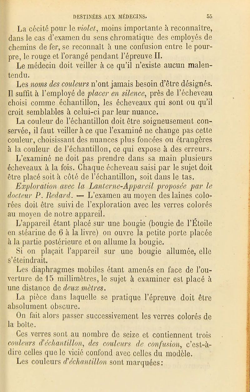 La céci té pour le violet, moins importante à reconnaître, dans le cas d’examen du sens chromatique des employés de chemins de fer, se reconnaît à une confusion entre le pour- pre, le rouge et l’orangé pendant l’épreuve II. Le médecin doit veiller à ce qu’il n’existe aucun malen- tendu. Les noms des couleurs n’ont jamais besoin d’être désignés. Il suffit à l’employé de 'placer en silence, près de l’écheveau choisi comme échantillon, les écheveaux qui sont ou qu’il croit semblables à celui-ci par leur nuance. La couleur de l’échantillon doit être soigneusement con- servée, il faut veiller à ce que l’examiné ne change pas cette couleur, choisissant des nuances plus foncées ou étrangères à la couleur de l’échantillon, ce qui expose à des erreurs. L’examiné ne doit pas prendre dans sa main plusieurs écheveaux à la fois. Chaque écheveau saisi par le sujet doit être placé soit à côté de l’échantillon, soit dans le tas. Exploration avec la Lanterne-Appareil proposée par le docteur P. Redard. — L’examen au moyen des laines colo- rées doit être suivi de l’exploration avec les verres colorés au moyen de notre appareil. L’appareil étant placé sur une bougie (bougie de l’Étoile en stéarine de 6 à la livre) on ouvre la petite porte placée à la partie postérieure et on allume la bougie. Si on plaçait l’appareil sur une bougie allumée, elle s’éteindrait. Les diaphragmes mobiles étant amenés en face de l’ou- verture de 15 millimètres, le sujet à examiner est placé à une distance de deux mètres. La pièce dans laquelle se pratique l’épreuve doit être absolument obscure. On fait alors passer successivement les verres colorés de la boîte. Ces verres sont au nombre de seize et contiennent trois couleurs dèéchantillon, des couleurs de confusion, c’est-à- dire celles que le vicié confond avec celles du modèle. Les couleurs d?échantillon sont marquées: