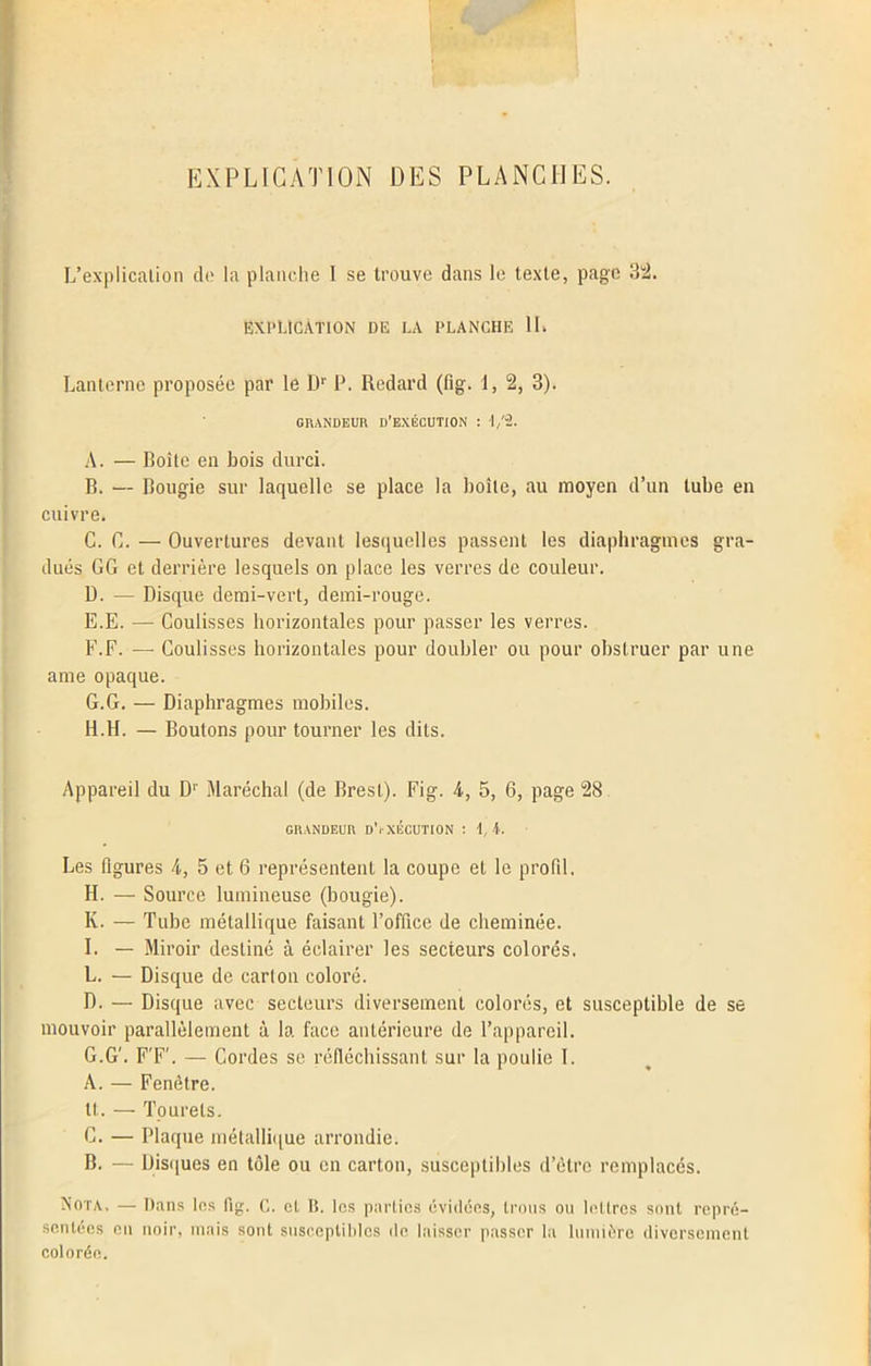 EXPLICATION DES PLANCHES. L’explicalion cle la planche I se trouve dans le texte, page 34. EXPLICATION DE LA PLANCHE IL Lanterne proposée par le Dr P. Redard (fig. 1, 2, 3). GRANDEUR D’EXÉCUTION : t/2. A. — Boite en bois durci. B. — Bougie sur laquelle se place la boîte, au moyen d’un tube en cuivre. C. G. — Ouvertures devant lesquelles passent les diaphragmes gra- dués GG et derrière lesquels on place les verres de couleur. D. — Disque demi-vert, demi-rouge. E. E. — Coulisses horizontales pour passer les verres. F. F. — Coulisses horizontales pour doubler ou pour obstruer par une ame opaque. G. G. — Diaphragmes mobiles. H. H. — Boutons pour tourner les dits. Appareil du D1' Maréchal (de Brest). Fig. 4, 5, 6, page 28 GRANDEUR d’iXECUTION : \, i. Les ligures 4, 5 et 6 représentent la coupe et le profil. H. — Source lumineuse (bougie). K. — Tube métallique faisant l’office de cheminée. I. — Miroir destiné à éclairer les secteurs colorés. L. — Disque de carton coloré. D. — Disque avec secteurs diversement colorés, et susceptible de se mouvoir parallèlement à la face antérieure de l’appareil. G.G’. F'F'. — Cordes se réfléchissant sur la poulie I. A. — Fenêtre, tt. — Tourels. C. — Plaque métallique arrondie. B. — Disques en tôle ou en carton, susceptibles d’être remplacés. Nota, — Dans les fig. G. cl B. les parties «vidéos, trous ou lettres sont repré- sentées en noir, mais sont susceptibles do laisser passer la lumière diversement colorée.