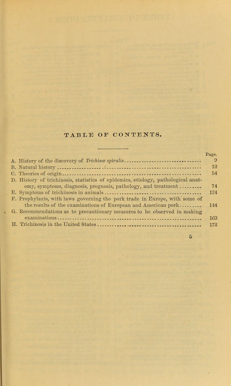 TABLE OF CONTENTS. Page. A. History of the discovery of Trichina spiralis 9 B. Natural history .i 12 C. Theories of origin - 54 D. History of trichinosis, statistics of epidemics, etiology, pathological anat- omy, symptoms, diagnosis, prognosis, pathology, and treatment 74 E. Symptoms of trichinosis in animals .. . 134 F. Prophylaxis, with laws governing the pork trade in Europe, with some of the results of the examinations of European and American pork 144 v G. Recommendations as to precautionary measures to he observed in making examinations 163 H. Trichinosis in the United States 172