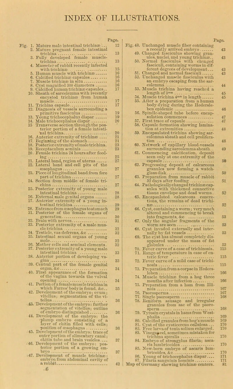 INDEX OF ILLUSTRATIONS. Page. Pig. 1. Mature male intestinal trichinae ... 12 2. Mature pregnant female intestinal trichina 13 3. Fully developed female muscle- trichina 13 4. Masseter of rabhit recently infected withtrichina) 15 5. Human muscle with trichina) 10 6. Calcified trichina) capsules 10 7. Muscle trichina} in Bitu 16 8. Cyst magnified 300 diameters 10 9. Calcified human trichina) capsules.. 17 10. Sheath of sarcolemma with recently encysted trichina) from human muscle 17 11. Trichina capsulo 17 12. Diagnosis of vessels surrounding a primitive fasciculus 19 13. Toung trichocephalus dispar 19 14. Male trichocephalus dispar 20 15 Transverse section through the pos- terior portion of a female intesti- nal trichina 20 16. Anterior extremity of trichina) 21 17. Beginning of the stomach 21 18. Posterior extremity of male trichina. 23 19. Receptaculum seminis 23 20. Female trichina 24 hoars after feed- ing 25 21. Lateral band, region of uterus 27 22. Lateral hand and cell pits of the oesophagus 27 23. Piece of longitudinal hand from fore part of trichina 27 24. Section from middle of female tri- china 27 25. Posterior extremity of young male intestinal trichina 28 26. External male genital organs 28 27. Anterior extremity of a young in- testinal trichina 29 28. Entrancofrom oesophagus to stomach 29 31. Posterior of the female organs of generation 30 32. Brain with nerves 31 33. Posterior extremity of a male mus- clo trichina ’. 32 34. Testicle, vas deferens, &c 32 35. Intestinal sexual organs of young male 32 36. Mother cells and seminal elements. 32 37. Posterior extremity of a young male intestinal trichina 33 38. Anterior portion of developing va- gina 33 39. Central part of the female genital organ, &c 34 ■ 40. First appearanco of the formation of the vagina towards the vulval opening 34 41. Portion of afemalomuscletrichinain which Farrea’ body is found. &c.. 35 42. Development of tho embryo; ovumj vitelius; segmentation of the vi- tollus 30 43. 'Developmentoftbeembryo: further segmentation of vitelius; outlino of embryo distinguished .. 36 44. Development of tho embryo: tbo •plump etnbiyo consisting of a layer of chitiu filled with cells; position of cesopbagns 30 45. Development of the embryo: tracoof outer port ion of alimentary canal; cliitin tube and brain vesicles 37 ■ 40. Development of tho embryo: pos- terior portion of a growing em- bryo 37 -47. Development of muscle trichina): embryo, from abdominal cavity of a rabbit 42 .6 Page. Fig. 48. Unchanged muscle fiber containing a recently arrived embryo 43 49. Changed fasciculus showing gran- ules, nuclei, and young trichina).. 43 50. Normal fasciculus with changed fasciculi, containing worms in dif- ferent degrees of development... 43 61. Changed and normal fasciculi 43 52. Unchanged muscle fasciculus with an embryo escaping from the sar- colemma 44 53. Muscle trichina having reached a length of 3mm 45 54. Muscle trichina 4mm in length 45 55. After a preparation from a human body dying during the Hedersle- ben epidemic 40 56. Spindle-shaped tube before encap- sulation commences 47 57. First trace of capsule 47 58. Capsule formation showing lamina- tion at extremities 48 59. Encapsulated trichina showing sar- colemma sheath and cell prolifera- tion 48 60. Network of capillary blood-vessels suiTounding sarcolemma sheath.. 49 61. Commencing calcification, deposit seen only at ono extremity of the capsule 50 62. Progressing deposit of calcareous granules now forming a watch- glass disk 50 63. Preparation from muscle of rabbit 32 days after feeding 51 64. Pathologically changed trichina) cap- sules with thickened connective tissue envelope and dead worms. 52 65. Encapsulated calcareous concre- tions, tho remains of dead trichi- na) 52 66. Cyst, containing a worm; very much altered and commencing to break into fragments, &c 53 67. Only the angular fragments of the worm are seen ,. 53 68. Cyst invaded externally and inter- nally by fat vessels 53 69. Tho cyst has almost completely dis- appeared under tho mass of fat globules .. 53 70. Fover curve of a case of trichinosis. 115 71. Eango of temperaturo in case of en- teric fever ... 115 72. Fever curve of a mild case of trichi- nosis 115 73. Preparation from a corpse in Heders- loben 166 74. Muscle trichina) from a hog three months after infection 166 75. Preparation from a ham from Uli- nois 167 76. Psorosperms 167 77. Single psorospertn 168 78. Iveniform sausage and irregular granules from sac of tho psoro- sperm 168 79. Tyrosin crystals in hams from West- phalia.' 169 80. Calcified granules from hog's musclo 169 81. Cyst of tho cysticcrcns cellnlosa ... 170 82. Free larva of tenia solium enlarged. 170 83. Vinogascel, sometimes mistaken for trichina spiralis 170 84. Embryo of strongylus filaria; asca- ris lumbrieoides 170 85. New-born embryo of ascaris lum- bricoides, &c 170 86. Toung of trichocephalus dispar 171 87. Filaria sanguinis liominis 171 Map of Germany showing trichina) centers. 81