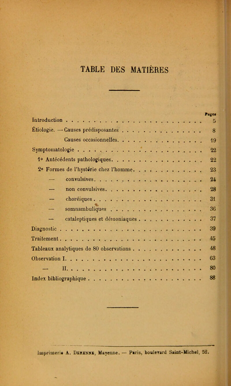 TABLE DES MATIÈRES Introduction Étiologie. —'Causes prédisposantes . . . Causes occasionnelles. . . . Symptomatologie 1° Antécédents pathologiques 2° Formes de l’hystérie chez l’homme. — convulsives — non convulsives — choréiques — somnambuliques — cataleptiques et démoniaques Diagnostic Traitement Tableaux analytiques de 80 observations . Observation I — Il Index bibliographique Page* 5 8 19 22 22 23 24 28 31 36 37 39 45 48 63 80 88 Imprimerie A. Dkrenhk, Mayenne. — Péris, boulevard Saint-Michel, 52.