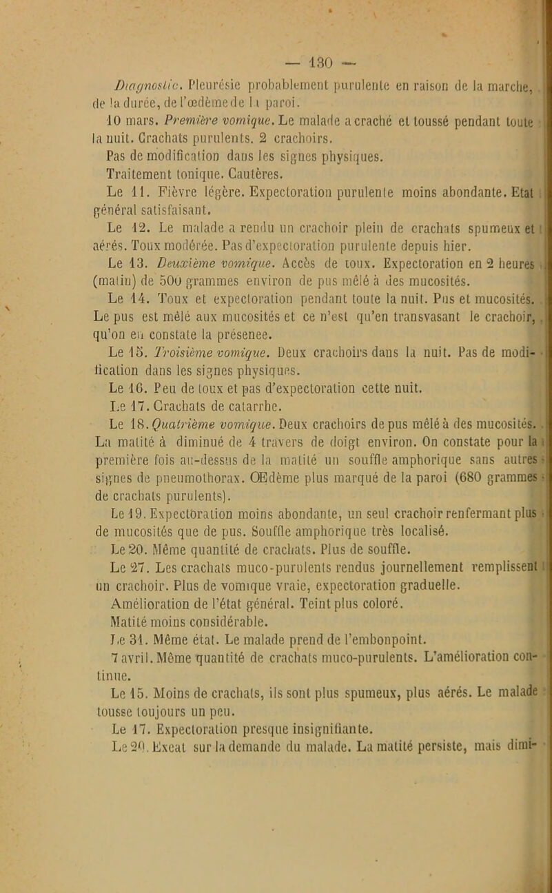 Diagnostic. Pleurésie probablement purulente en raison de la marche, j de la durée, de l’œdème de 11 paroi. 10 mars. Première vomique. Le malade a craché et toussé pendant toute la nuit. Crachats purulents. 2 crachoirs. Pas de modification dans les signes physiques. Traitement tonique. Cautères. Le 11. Fièvre légère. Expectoration purulente moins abondante. Etal général satisfaisant. Le 12. Le malade a rendu un crachoir plein de crachats spumeux et aérés. Toux modérée. Pas d’expectoration purulente depuis hier. Le 13. Deuxième vomique. Accès de toux. Expectoration en 2 heures i (matin) de 50o grammes environ de pus mêlé à des mucosités. Le 14. Toux et expectoration pendant toute la nuit. Pus et mucosités. Le pus est mêlé aux mucosités et ce n’est qu’en transvasant le crachoir, qu’on eu constate la présenee. Le 15. Troisième vomique. Deux crachoirs dans la nuit. Pas de modi- lication dans les signes physiques. Le IG. Peu de toux et pas d’expectoration cette nuit. Le 17. Crachats de catarrhe. Le 18 .Quatrième vomique. Deux crachoirs de pus mêlé à des mucosités. . La matité à diminué de 4 travers de doigt environ. On constate pour la i première fois au-dessus de la matité un souffle amphorique sans autres ■ signes de pneumothorax. Œdème plus marqué de la paroi (680 grammes • de crachats purulents). Le 19. Expectoration moins abondante, un seul crachoir renfermant plus de mucosités que de pus. Souffle amphorique très localisé. Le 20. Même quantité de crachats. Plus de souffle. Le 27. Les crachats muco-purulents rendus journellement remplissent un crachoir. Plus de vomique vraie, expectoration graduelle. Amélioration de l’état général. Teint plus coloré. Matité moins considérable. I.e 31. Même état. Le malade prend de l’embonpoint. 7 avril. Môme quantité de crachats muco-purulents. L’amélioration con- tinue. Le 15. Moins de crachats, ils sont plus spumeux, plus aérés. Le malade tousse toujours un peu. Le 17. Expectoration presque insignifiante. Le 2‘L Excal sur la demande du malade. La matité persiste, mais dimi-