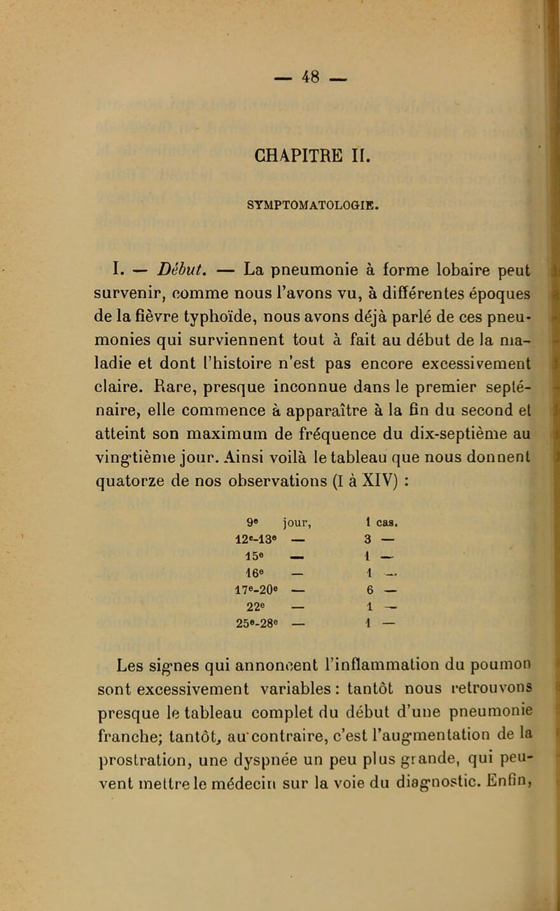 CHAPITRE II. SYMPTOMATOLOGIE. I. — Début. — La pneumonie à forme lobaire peut survenir, comme nous l’avons vu, à différentes époques de la fièvre typhoïde, nous avons déjà parlé de ces pneu- monies qui surviennent tout à fait au début de la ma- ladie et dont l’histoire n’est pas encore excessivement claire. Rare, presque inconnue dans le premier septé- naire, elle commence à apparaître à la fin du second et atteint son maximum de fréquence du dix-septième au vingtième jour. Ainsi voilà le tableau que nous donnent quatorze de nos observations (I à XIV) : 9e jour, 1 cas. 12e-13® — 3 — 15® — t — 16® — 1 — 17®-20e — 6 — 22e — 1 — 25®-28® — 1 — Les signes qui annoncent l’inflammation du poumon sont excessivement variables : tantôt nous retrouvons presque le tableau complet du début d’une pneumonie franche; tantôt, au'contraire, c’est l’augmentation de la prostration, une dyspnée un peu plus grande, qui peu- vent mettre le médecin sur la voie du diagnostic. Enfin,