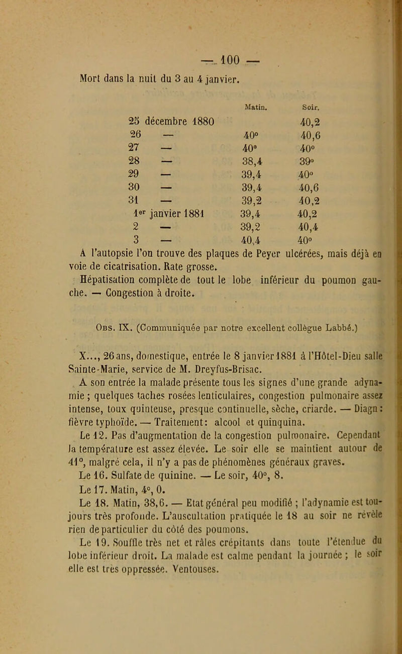 —,100 — Mort dans la nuit du 3 au 4 janvier. 25 décembre 1880 Matin. Soir. 40,2 26 — 40° 40,6 27 — 40° 40° 28 — 38,4 39» 29 — 39,4 o c 30 — 39,4 40,6 31 — 39,2 40,2 1er janvier 1881 39,4 40,2 2 — 39,2 40,4 3 — 40,4 o o A l’autopsie l’on trouve des plaques de Peycr ulcérées, mais déjà en voie de cicatrisation. Rate grosse. Hépatisation complète de tout le lobe inférieur du poumon gau- che. — Congestion à droite. Obs. IX. (Communiquée par notre excellent collègue Labbé.) X..., 26ans, domestique, entrée le 8 janvier 1881 à l’Hôtel-Dieu salle Sainte-Marie, service de M. Dreyfus-Brisac. A son entrée la malade présente tous les signes d’une grande adyna- mie ; quelques taches rosées lenticulaires, congestion pulmonaire assez intense, toux quinteuse, presque continuelle, sèche, criarde. — Diagn: fièvre typhoïde. — Traitement: alcool et quinquina. Le 12. Pas d’augmentation de la congestion pulmonaire. Cependant Ja température est assez élevée. Le soir elle se maintient autour de 41°, malgré cela, il n’y a pas de phénomènes généraux graves. Le 16. Sulfate de quinine. — Le soir, 40°, 8. Le 17. Matin, 4°, 0. Le 18. Matin, 38,6. — Etat général peu modifié ; l’adynamie est tou- jours très profonde. L’auscultation pratiquée le 18 au soir ne révèle rien de particulier du côté des poumons. Le 19. Souffle très net et râles crépitants dans toute l’étendue du lobe inférieur droit. La malade est calme pendant la journée ; le soir elle est très oppressée. Ventouses.
