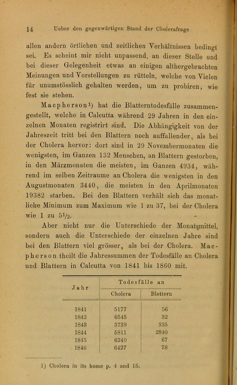 allen andern örtlichen und zeitlichen Verhältnissen bedingt sei. Es scheint mir nicht unpassend, an dieser Stelle und bei dieser Gelegenheit etwas an einigen althergebrachten Meinungen und Vorstellungen zu rütteln, welche von Vielen für unumstösslich gehalten werden, um zu probiren, wie fest sie stehen. Macphersoni) hat die Blatterntodesfälle zusammen- gestellt, welche in Calcutta während 29 Jahren in den ein- zelnen Monaten registrirt sind. Die Abhängigkeit von der Jahreszeit tritt bei den Blattern noch auffallender, als bei der Cholera hervor: dort sind in 29 Novembermonaten die wenigsten, im Ganzen 132 Menschen, an Blattern gestorben, in den Märzmonaten die meisten, im Ganzen 4934, wäh- rend im selben Zeiträume an Cholera die wenigsten in den Augustmonaten 3440, die meisten in den Aprilmonaten 19382 starben. Bei den Blattern verhält sich das monat- liche Minimum zum Maximum wie 1 zu 37, bei der Cholera wie 1 zu 51/2- Aber nicht nur die Unterschiede der Monat§mittel, sondern auch die Unterschiede der einzelnen Jahre sind bei den Blattern viel grösser, als bei der Cholera. Mac- pherson thoilt die Jahressummen der Todesfälle an Cholera und Blattern in Calcutta von 1841 bis 1860 mit. Jahr Todesfälle an Cliolera Blattern 1841 5177 56 1842 6545 32 1843 3739 335 1844 5811 2840 1845 6240 67 184G 6427 78 1) Cliolera in its bome p. -t und 15.