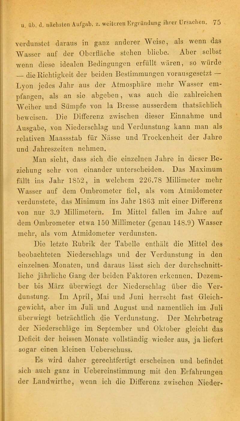 verdunstet dnraus in ganz anderer Weise, als wenn das Wasser auf der Oberfläche stehen bliebe. Aber selbst wenn diese idealen Bedingungen erfüllt wären, so würde clie Richtigkeit der beiden Bestimmungen vorausgesetzt — Lyon jedes Jahr aus der Atmosphäre mehr Wasser em- pfangen, als an sie abgeben, was auch die zahlreichen Weiher und Sümpfe von la Bresse ausserdem thatsächlich beweisen. Die Differenz zwischen dieser Einnahme und Ausgabe, von Niederschlag und Verdunstung kann man als relativen Maassstab für Nässe und Trockenheit der Jahre und Jahreszeiten nehmen. Man sieht, dass sich die einzelnen Jahre in dieser Be- ziehung sehr von einander unterscheiden. Das Maximum fällt ins Jahr 1852, in welchem 226.78 Millimeter mehr Wasser auf dem Ombrometer fiel, als vom Atmidometer verdunstete, das Minimum ins Jahr 1863 mit einer Differenz von nur 3.9 Millimetern. Im Mittel fallen im Jahre auf dem Ombrometer etwa 150 Millimeter (genau 148.9) Wasser mehr, als vom Atmidometer verdunsten. Die letzte Rubrik der Tabelle enthält die Mittel des beobachteten Niederschlags und der Verdunstung in den einzelnen- Monaten, und daraus lässt sich der durchschnitt- liche jährliche Gang der beiden Faktoren erkennen. Dezem- ber bis März überwiegt der Niederschlag über die Ver- dunstung. Im April, Mai und Juni herrscht fast Gleich- gewicht, aber im Juli und August und namentlich im Juli überwiegt beträchtlich die Verdunstung. Der Mehrbetrag der Niederschläge im September und Oktober gleicht das Deficit der heissen Monate vollständig wieder aus, ja liefert sogar einen kleinen Ueberschuss. Es wird daher gerechtfertigt erscheinen und befindet sich auch ganz in Ucbercinstimmung mit den Erfahrungen der Landwirthe, wenn ich die Differenz zwischen Nieder-