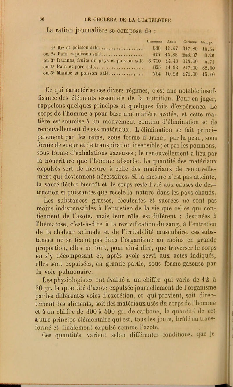 La ration journalière se compose de : Grammes Aïote Carbone Mal. ge. 1“ Riz et poisson sald 880 15.47 317.80 18.54 ou 2o Pain et poisson sali! 825 14.88 248.37 8.26 ou 3° Racines, fruits du pays et poisson salé 3.700 14.43 344.00 4.71 ou 4“ Pain et porc salé 825 11.93 277.00 82.00 ou 5° Manioc et poisson salé 714 10.22 171.00 15.10 Ce qui caractérise ces divers régimes, c’est une notable insuf- fisance des éléments essentiels de la nutrition. Pour en juger, rappelons quelques principes et quelques faits d’expérience. Le corps de l’homme a pour base une matière azotée, et cette ma- tière est soumise à un mouvement continu d’élimination et de renouvellement de ses matériaux. L’élimination se fait princi- palement par les reins, sous forme d’urine; par la peau, sous forme de sueur et de transpiration insensible; et par les poumons, sous forme d’exhalations gazeuses ; le renouvellement a lieu par la nourriture que l’homme absorbe. La quantité des matériaux expulsés sert de mesure à celle des matériaux de renouvelle- ment qui deviennent nécessaires. Si la mesure n’est pas atteinte, la santé fléchit bientôt et le corps reste livré aux causes de des- truction si puissantes que recèle la nature dans les pays chauds. Les substances grasses, féculentes et sucrées ne sont pas moins indispensables à l’entretien de la vie que celles qui con- tiennent de l'azote, mais leur rôle est différent : destinées à l’hématose, c’est-à-dire à la revivification du sang, à l’entretien de la chaleur animale et de l’irritabilité musculaire, ces subs- tances ne se fixent pas dans l’organisme au moins en grande proportion, elles ne font, pour ainsi dire, que traverser le corps en s’y décomposant et, après avoir servi aux actes indiqués, elles sont expulsées, en grande partie, sous forme gazeuse par la voie pulmonaire. Les physiologistes ont évalué à un chiffre qui varie de 12 à 30 gr. la quantité d’azote expulsée journellement de l’organisme parles différentes voies d’excrétion, et qui provient, soit direc- tement des aliments, soit des matériaux usés du corps de l'homme et à un chiffre de 300 à 400 gr. de carbone, la quantité de cet autre principe élémentaire qui est, tous les jours, brûlé ou trans- formé et finalement expulsé comme l’azote. Ces quantités varient selon différentes conditions, que je
