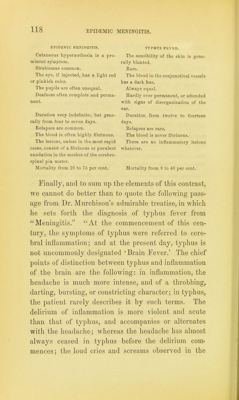 EPIDEMIC MENINGITIS. Cutaneous hypenesthesia is a pro- minent symptom. Strabismus common. The eye, if injected, has a light red or pinkish color. The pupils are often unequal. Deafness often complete and perma- nent. Duration vory indefinite; but gene- rally from four to seven days. Relapses are common. The blood is often highly fibrinous. The lesions, unless in the most rapid cases, consist of a fibrinous or purulent exudation in the meshes of the cerebro- spinal pia mater. Mortality from 20 to 75 per cent. TYPHUS FEVER. The sensibility of the skin is gene- rally blunted. Rare. The blood in the conjunctival vessels has a dark hue. Always equal. Hardly ever permanent, or attended with signs of disorganization of the ear. Duration from twelve to fourteen days. Relapses are rare. The blood is never fibrinous. There are no inflammatory lesions whatever. Mortality from 8 to 40 per cent. Finally, and to sum up the elements of this contrast, we cannot do better than to quote the following pass- age from Dr. Murchison’s admirable treatise, in which he sets forth the diagnosis of typhus fever from “Meningitis.” “At the commencement of this cen- tury, the symptoms of typhus were referred to cere- bral inflammation; and at the present day, typhus is not uncommonly designated ‘Brain Fever.’ The chief points of distinction between typhus and inflammation of the brain are the following: in inflammation, the headache is much more intense, and of a throbbing, darting, bursting, or constricting character; in typhus, the patient rarely describes it by such terms. The delirium of inflammation is more violent and acute than that of typhus, and accompanies or alternates with the headache; whereas the headache has almost always ceased in typhus before the delirium com- mences; the loud cries and screams observed in the