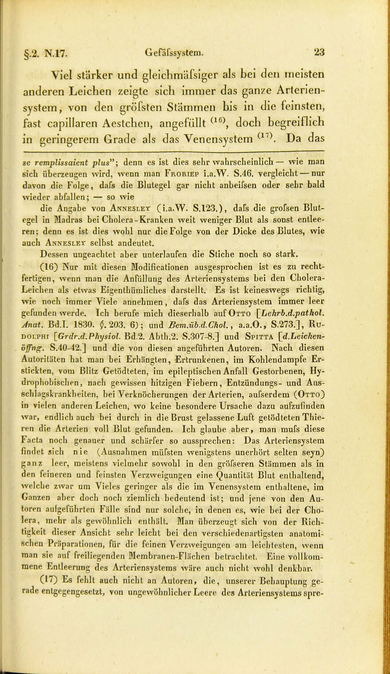 Viel stärker und gleicltmäfsiger als bei den meisten anderen Leichen zeigte sich immer das ganze Arterien- system, von den gröbsten Stämmen bis in die feinsten, fast capillaren Aestchen, angefiillt (1G), doch begreiflich in geringerem Grade als das Yenensystem (17). Da das se remplissaient plus”; denn es ist dies sehr wahrscheinlich— wie man sich überzeugen wird, wenn man Froriep i.a.W. S.46. vergleicht — nur davon die Folge, dafs die Blutegel gar nicht anbeifsen oder 6ehr bald wieder abfallen; — so wie die Angabe von Anneslev (i.a.W. S.123.), dafs die grofsen Blut- egel in Madras bei Cholera-Kranken weit weniger Blut als sonst entlee- ren; denn es ist dies wohl nur die Folge von der Dicke des Blutes, wie auch Anneslev selbst andeutet. Dessen ungeachtet aber unterlaufen die Stiche noch so stark. (16) Nur mit diesen Modificationen ausgesprochen ist es zu recht- fertigen, wenn man die Anfüllung des Arteriensystems bei den Cholera- Leichen als etwas Eigentümliches darstellt. Es ist keineswegs richtig, wie noch immer Viele annehmen, dafs das Arteriensystem immer leer gefunden werde. Ich berufe mich dieserhalb auf Otto [Lehrb.d.patkol. Anat. Bd.I. 1830. $.203. 6); und Bem.üb.d.Chol. y a.a.O., S.273.], Ru- dolpht [Grdr.d.Physiol. Bd.2. Abth.2. S.307-8.] und Spitta fd.Leichen- öffug. S.40-42.] und die von diesen angeführten Autoren. Nach diesen Autoritäten hat man bei Erhängten, Ertrunkenen, im Kohlendampfe Er- stickten, vom Blitz Getödteten, im epileptischen Anfall Gestorbenen, Hy- drophobischen, nach gewissen hitzigen Fiebern, Entzündungs- und Aus- schlagskrankheiten, bei Verknöcherungen der Arterien, aufserdem (Otto) in vielen anderen Leichen, wo keine besondere Ursache dazu aufzufinden war, endlich auch bei durch in die Brust gelassene Luft getödteten Thie- ren die Arterien voll Blut gefunden. Ich glaube aber, man mufs diese Facta noch genauer und schärfer so aussprechen: Das Arteriensystem findet sich nie (Ausnahmen müfsten wenigstens unerhört selten seyn) ganz leer, meistens vielmehr sowohl in den gröfseren Stämmen als in den feineren und feinsten Verzweigungen eine Quantität Blut enthaltend, welche zwar um Vieles geringer als die im Venensystem enthaltene, im Ganzen aber doch noch ziemlich bedeutend ist; und jene von den Au- toren aufgeführten Fälle sind nur solche, in denen es, wie bei der Cho- lera, mehr als gewöhnlich enthält. Man überzeugt sich von der Rich- tigkeit dieser Ansicht sehr leicht bei den verschiedenartigsten anatomi- schen Präparationen, für die feinen Verzweigungen am leichtesten, wenn man sie auf freiliegenden Membranen-Flächen betrachtet. Eine vollkom- mene Entleerung des Arteriensystems wäre auch nicht wohl denkbar. (17) Es fehlt auch nicht an Autoren, die, unserer Behauptung ge- rade entgegengesetzt, von ungewöhnlicher Leere des Arteriensystems spre-