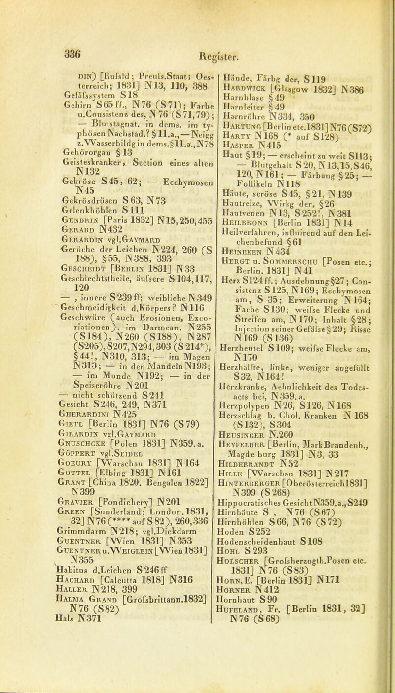 Din) [Rufs Id ; Prenfs.Staat ? Oes- terreich; 1831] N13, 110, 388 Gefäfssystem S18 Gehirn S65ff., N 76 (S71); Farbe u.Consistenz des, N 76 (S71,79); — Blutstagnat. in dems. im ty- phösen Nachstad.? § ll.a., — Neigg z.Wasserbildgin dems.§ll.a.,N78 Gehörorgan §13 Geisteskranker, Seclion eines alten N132 Gekröse S45, 62; •— Ecchymoscn N45 3 Gekrösdrüsen S 63, N 73 Gelenkliöblen Sill Gendrin [Paris 1832] N15,250,455 Gerard N432 GÜRARDIN Vgl.GAYMARD Gerüche der Leichen N224, 260 (S 188), §55, N388, 393 Gescheidt [Berlin 1831] N33 Geschlechtstheile, äufsere S 104,117, 120 — , innere S239ff; weibliche N349 Geschmeidigkeit d.Körpers ? N116 Geschwüre (auch Erosionen, Exco- riationen). im Darmcan. N255 (S184), N260 (S188), N287 (S205), S207,N294,303 (S 214*), §44!, N310, 313; — im Magen N313; — in den MandelnN193; — im Munde N192; — in der Speiseröhre N201 — nicht schützend S241 Gesicht S246, 249, N371 Gherardini N425 Gietl [Berlin 1831] N76 (S 79) GlRARDIN Vgl.GAYMARD Gnuschcke [Polen 1831] N359. a. Göppert vgl.Seidel Goeury [Warschau 1831] N164 Gottel [Elbing 1831] N161 Grant [China 1820. Bengalen 1822] N 399 Gravier [Pondichery] N201 Green [Sunderland; London. 1831, 32] N76 (****auf S82), 260,336 Grimmdarm N218; vgl.Dickdarm Guentner [Wien 1831] N353 Guentneru.Weiglein [Wien 1831] N355 Habitus d.Leichen S 246 ff Hachard [Calcutta 1818] N316 Haller N218, 399 Halma Grand [Grofsbrittann.1832] N 76 CS 82) Hals N371 Hände, Färbg der, S 119 Hardwick [Glasgow 1832] N386 Harnblase §49 Harnleiter §49 Harnröhre N334, 350 Hartung [Berlin ctc.l831]N76(S72) Harty N168 (* auf S128) Hasper N415 Haut §19; — erscheint zu weit Sl 13; — Blutgehalt S 20, N 13,15,S46, 120, N161 ; — Färbung §25; — Follikeln N118 Häute, seröse S45, §21, N139 Hautreize, Wirkg der, §26 Hautvenen N13, S252!, N381 Heilbronn [Berlin 1831] N14 Heilverfahren, inflnirend auf den Lei- chenbefund §61 Heineken N 434 Hergt u. Sommerschu [Posen etc.; Berlin. 1831] N41 HerzSl24ff.; Ausdehnung§27 ; Con- sistenz S 125, N169; Ecchymosen am, S 35; Erweiterung N164; Farbe S130; weifse Flecke und Streifen am, N170; Inhalt §28; Injection seinerGefäfse§29; Risse N169 (S136) Herzbeutel S109; weifse Flecke am, N170 Herzhälfte, linke, weniger angefüllt S32, NI64! Herzkranke, Aehnlichkeit des Todes- acts bei, N 359. a. Herzpolypen N26, SI26, N168 Herzschlag b. Chol. Kranken N 168 (S132), S-304 Heusinger N.260 Heyfelder [Berlin, MarkBrandenb., Magdeburg 1831] N3, 33 Hildebrandt N52 Hille [Warschau 1831] N217 Hinterberger [OberÖsterreich 1831] N399 (S268) Hippocratisches GesichtN359.a.,S249 Hirnhäute S , N76 (S67) Hirnhöhlen S 66, N76 (S72) Hoden S252 Hodenscheidenhaut S108 Hohl S 293 Holscher [Grofslierzogth.Posen etc. 1831] N76 (S 83) Horn, E. [Berlin 1831] N171 Horner N412 Hornhaut S90 Hufeland, Fr. [Berlin 1831, 32] N 76 (S 68)